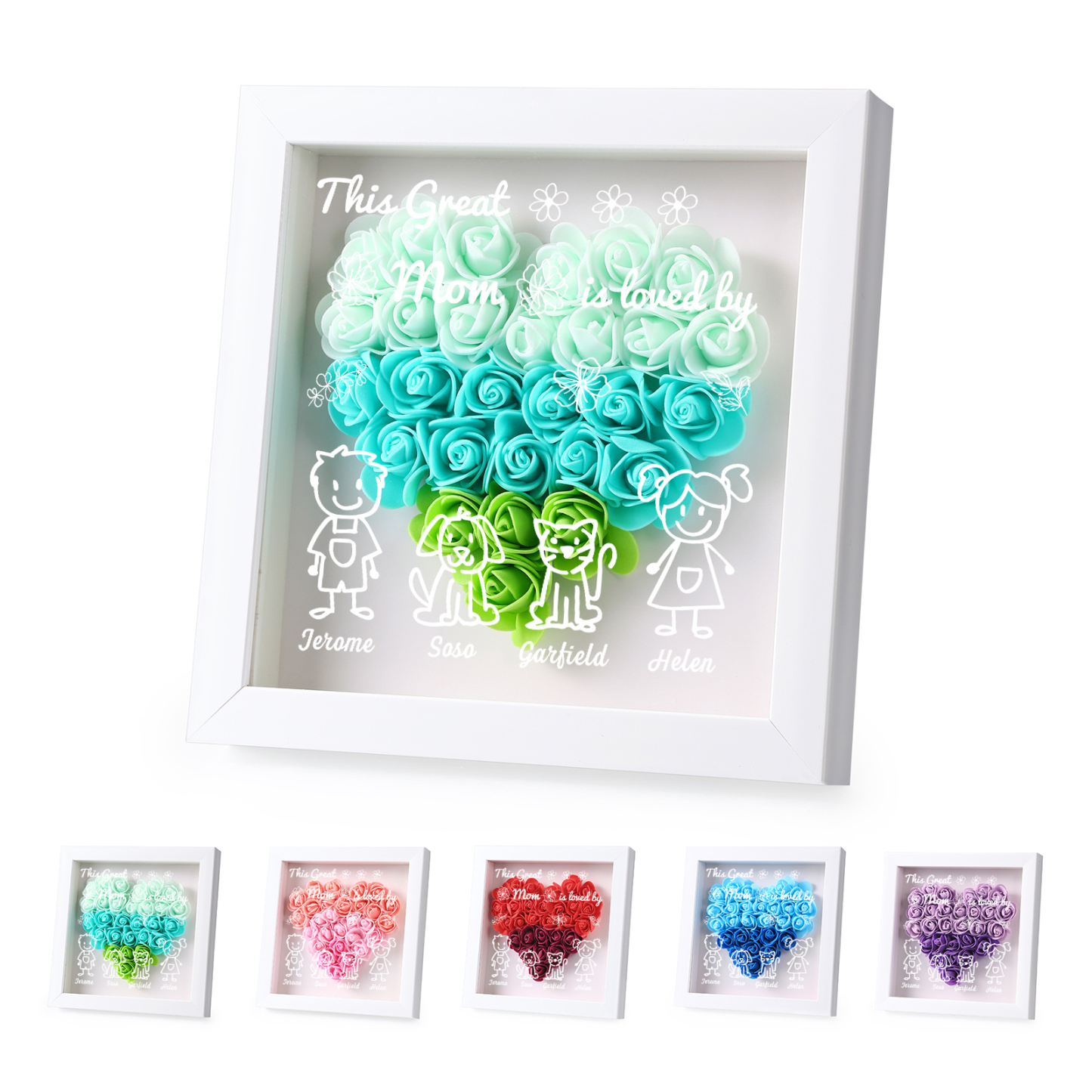 Personalized 3D Floral Shadow Box – Custom 4 Kids&Pets Names –This Great Mom Is Loved By- Gift for Mom, Grandma & Loved Ones| Lorajewel