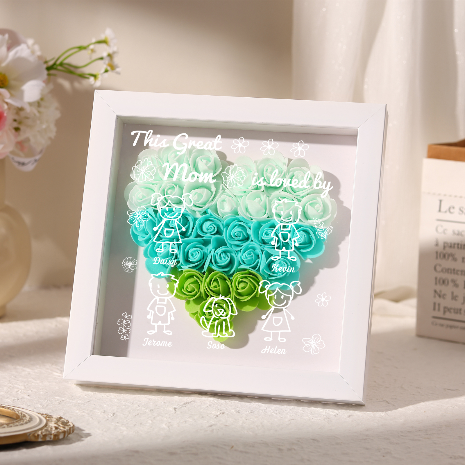 Personalized 3D Floral Shadow Box – Custom 5 Kids&Pets Names –This Great Mom Is Loved By- Gift for Mom, Grandma & Loved Ones| Lorajewel