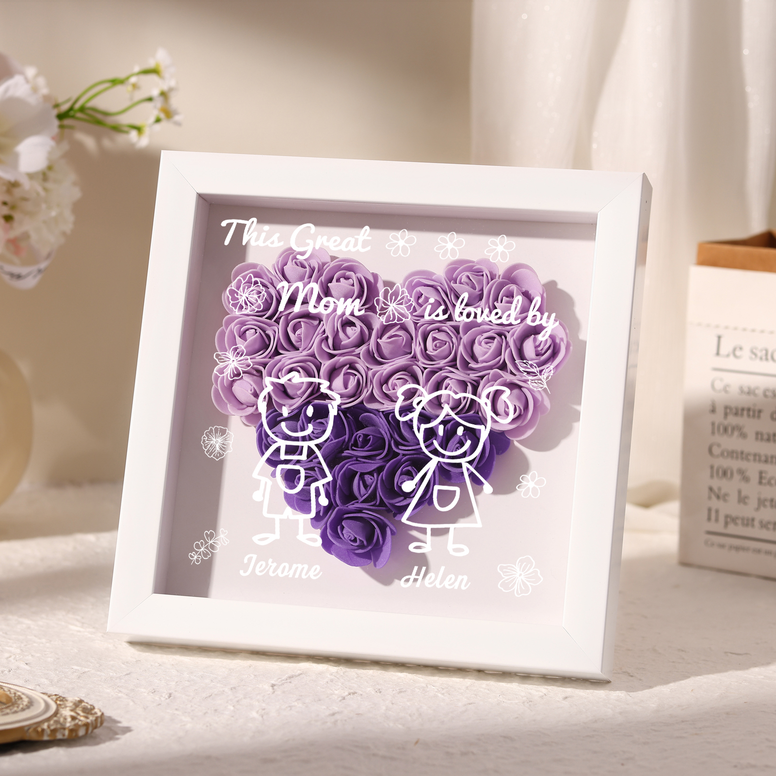 Personalized 3D Floral Shadow Box – Custom 2 Kids&Pets Names –This Great Mom Is Loved By- Gift for Mom, Grandma & Loved Ones| Lorajewel