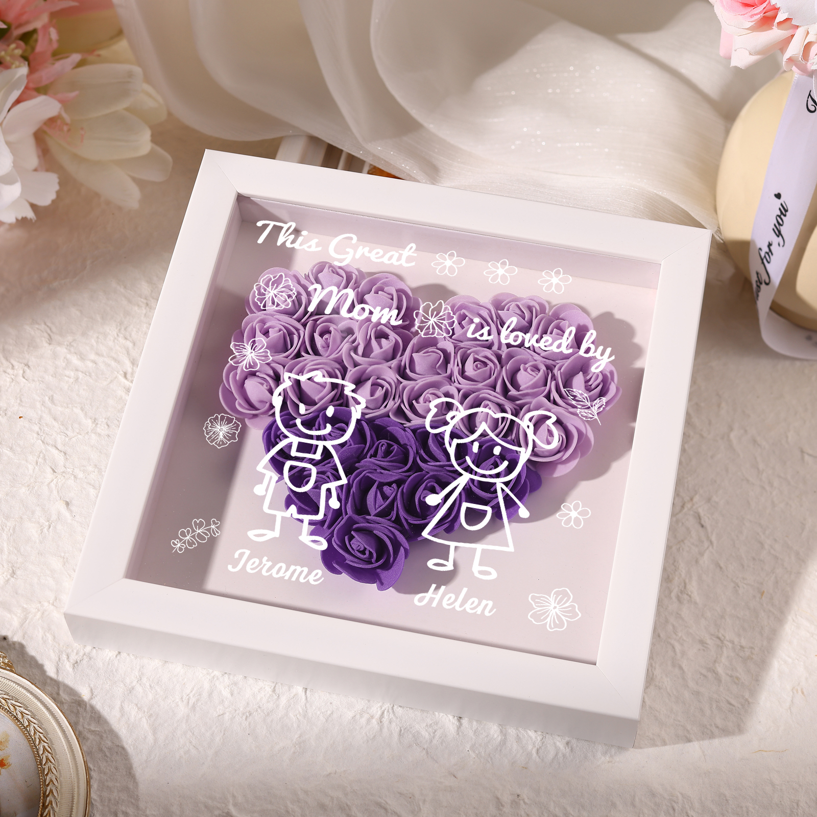 Personalized 3D Floral Shadow Box – Custom 2 Kids&Pets Names –This Great Mom Is Loved By- Gift for Mom, Grandma & Loved Ones| Lorajewel