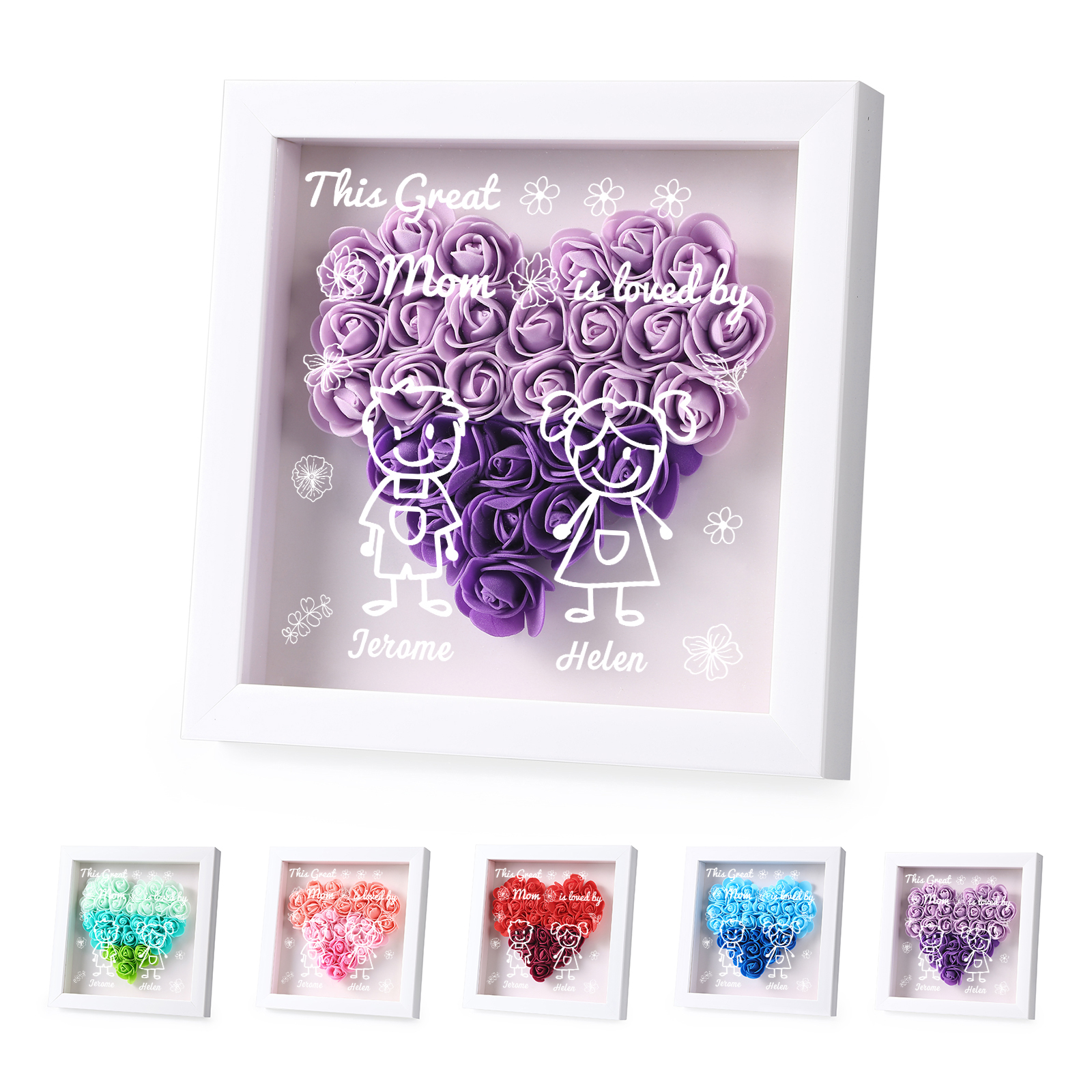 Personalized 3D Floral Shadow Box – Custom 2 Kids&Pets Names –This Great Mom Is Loved By- Gift for Mom, Grandma & Loved Ones| Lorajewel