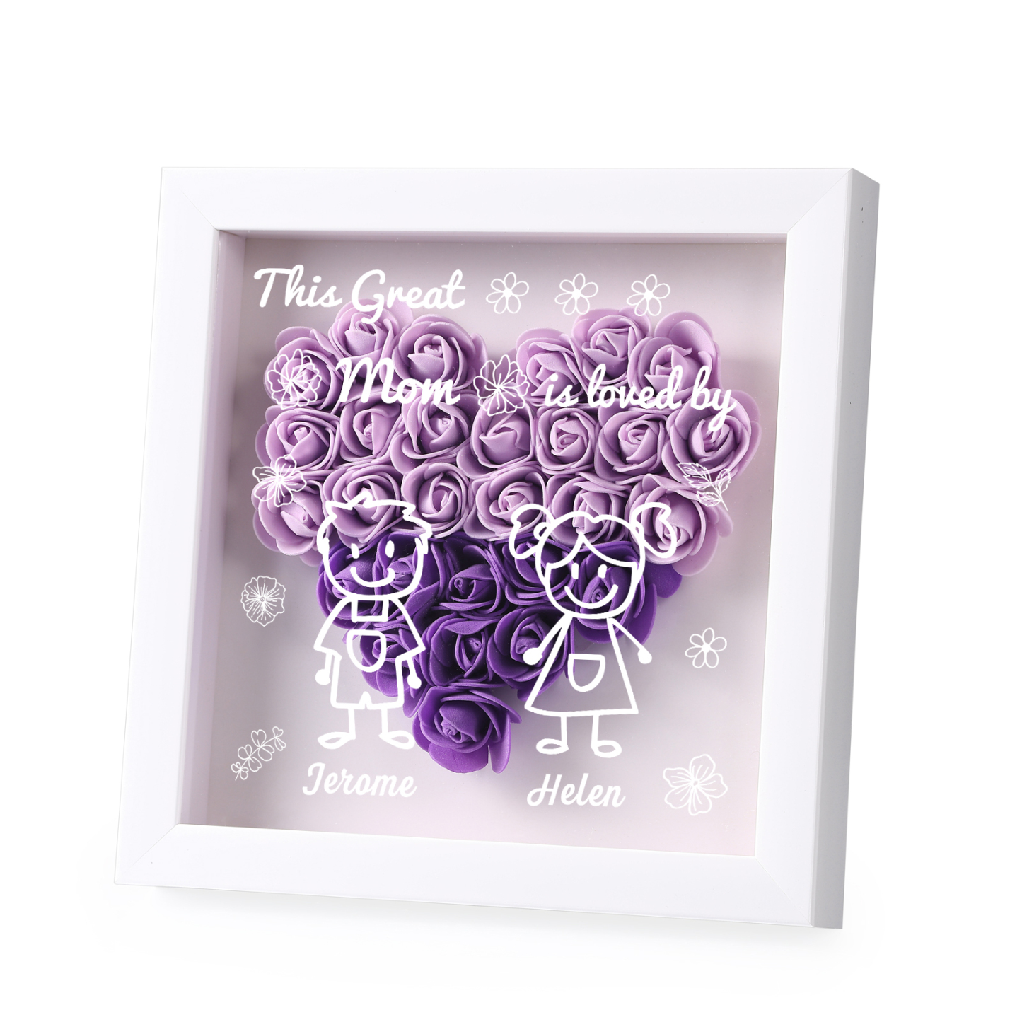 Personalized 3D Floral Shadow Box – Custom 2 Kids&Pets Names –This Great Mom Is Loved By- Gift for Mom, Grandma & Loved Ones| Lorajewel