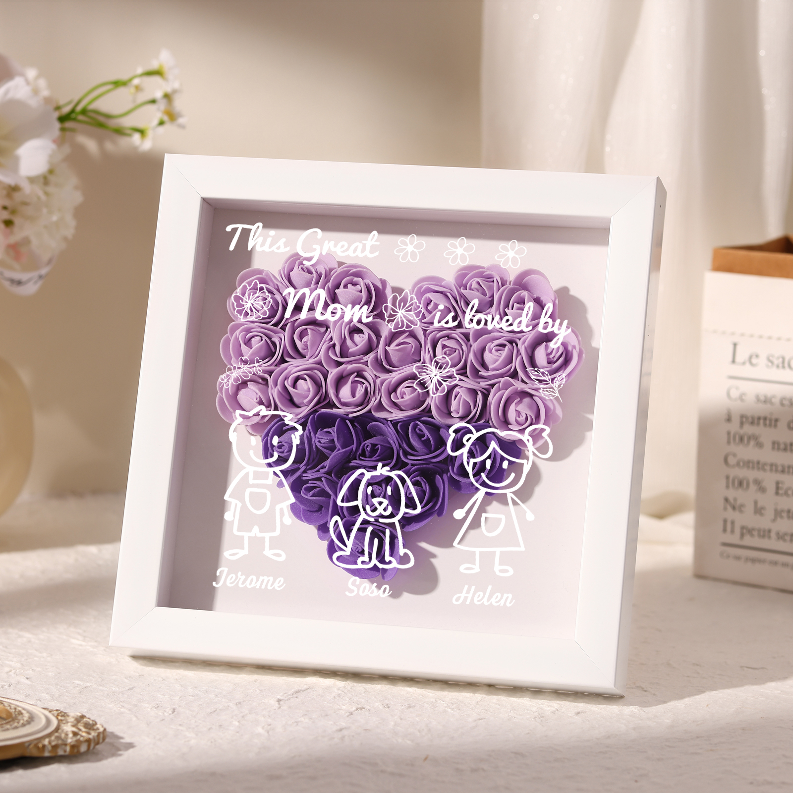 Personalized 3D Floral Shadow Box – Custom 3 Kids&Pets Names –This Great Mom Is Loved By- Gift for Mom, Grandma & Loved Ones| Lorajewel