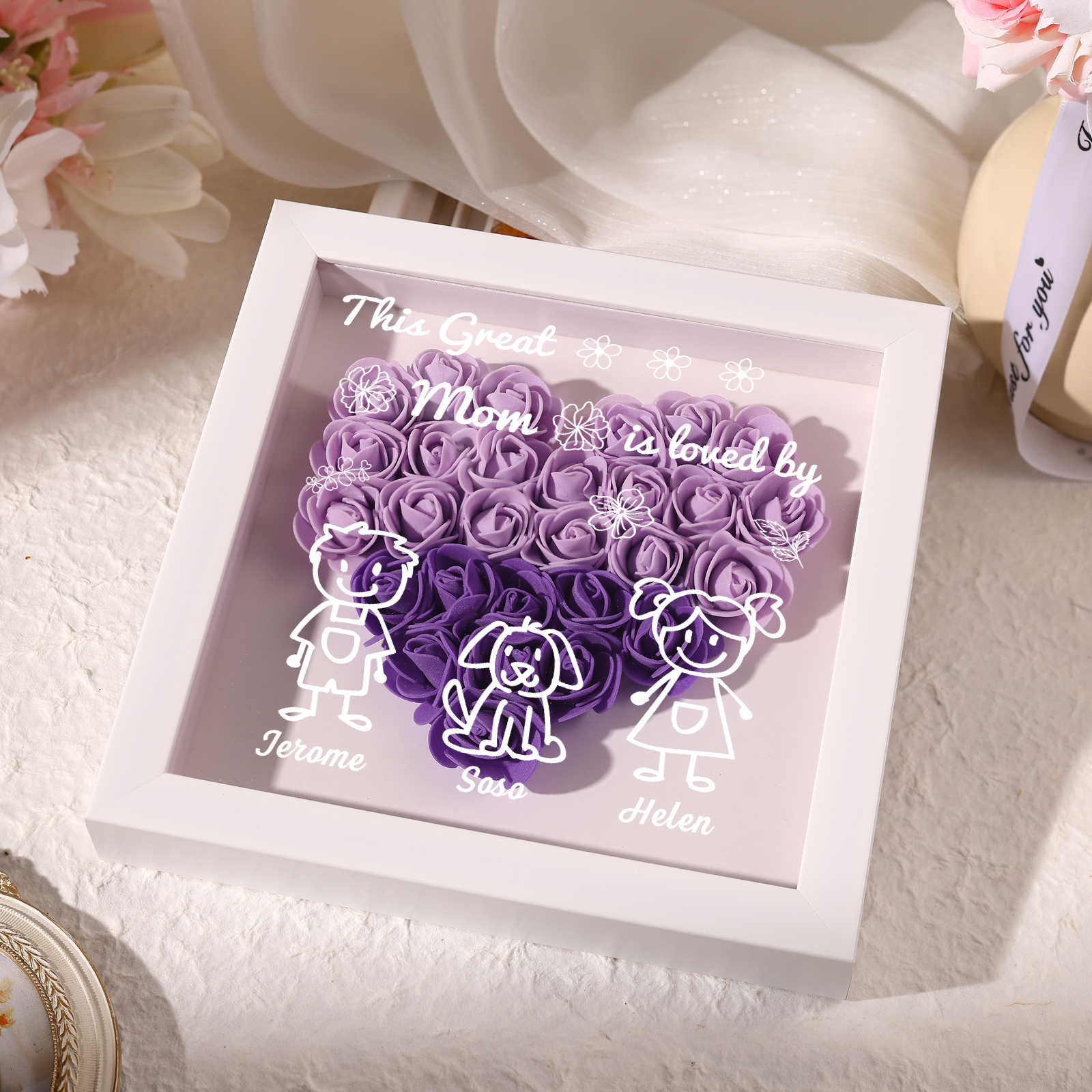 Personalized 3D Floral Shadow Box – Custom 3 Kids&Pets Names –This Great Mom Is Loved By- Gift for Mom, Grandma & Loved Ones| Lorajewel