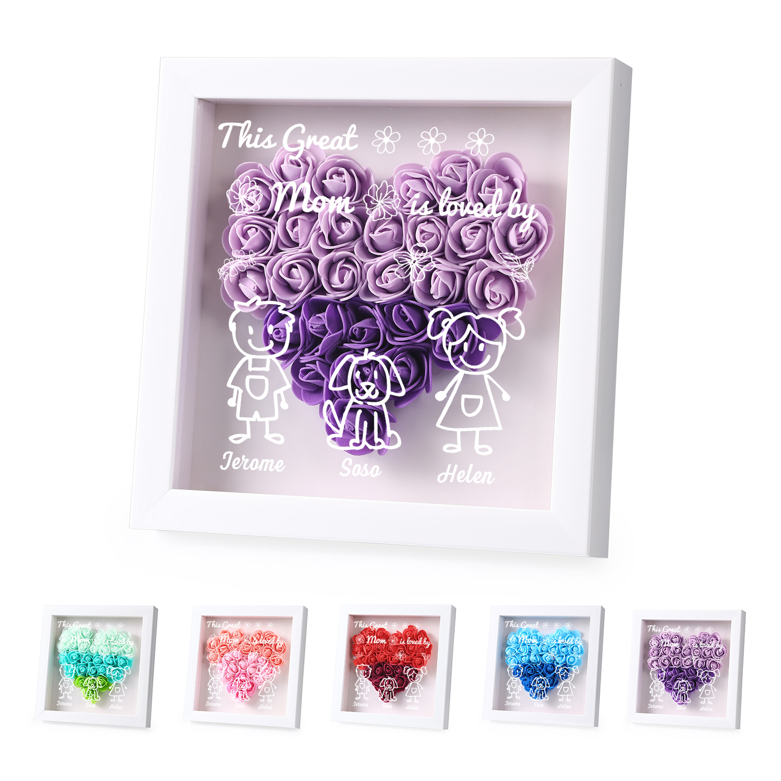 Personalized 3D Floral Shadow Box – Custom 3 Kids&Pets Names –This Great Mom Is Loved By- Gift for Mom, Grandma & Loved Ones| Lorajewel
