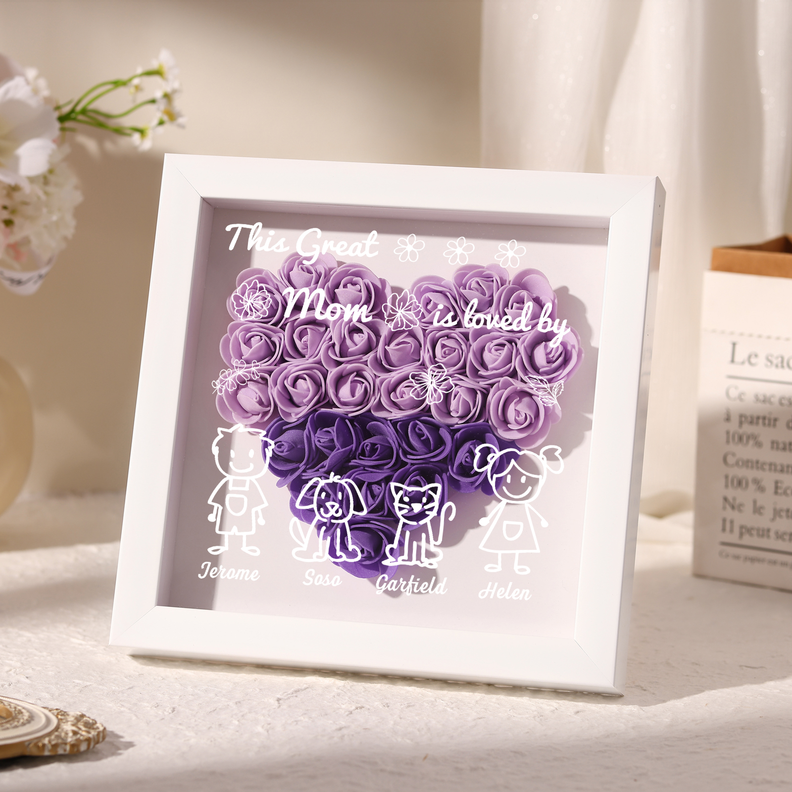 Personalized 3D Floral Shadow Box – Custom 4 Kids&Pets Names –This Great Mom Is Loved By- Gift for Mom, Grandma & Loved Ones| Lorajewel