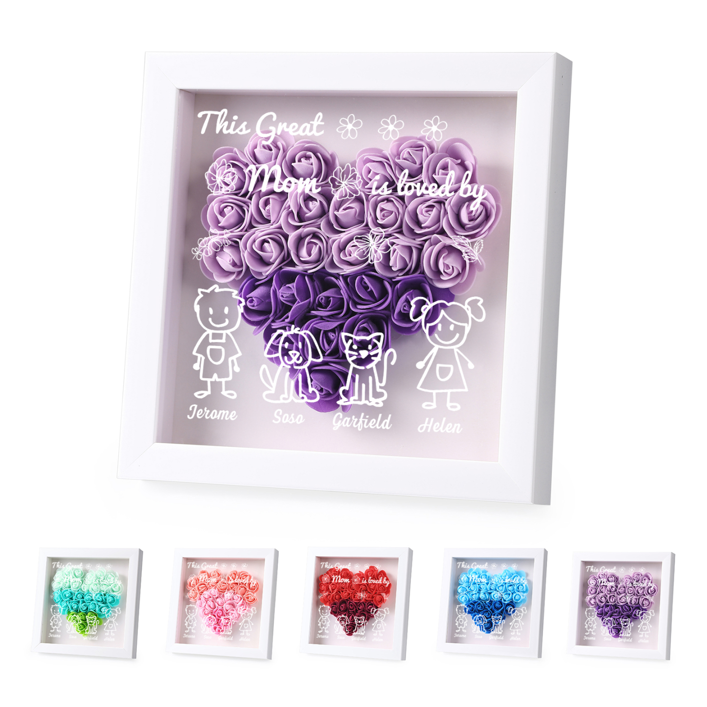 Personalized 3D Floral Shadow Box – Custom 4 Kids&Pets Names –This Great Mom Is Loved By- Gift for Mom, Grandma & Loved Ones| Lorajewel