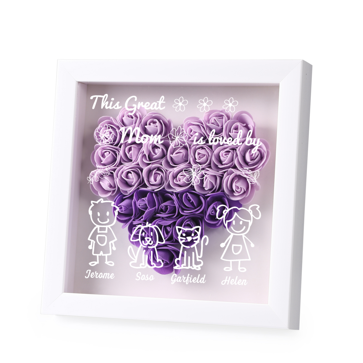 Personalized 3D Floral Shadow Box – Custom 4 Kids&Pets Names –This Great Mom Is Loved By- Gift for Mom, Grandma & Loved Ones| Lorajewel