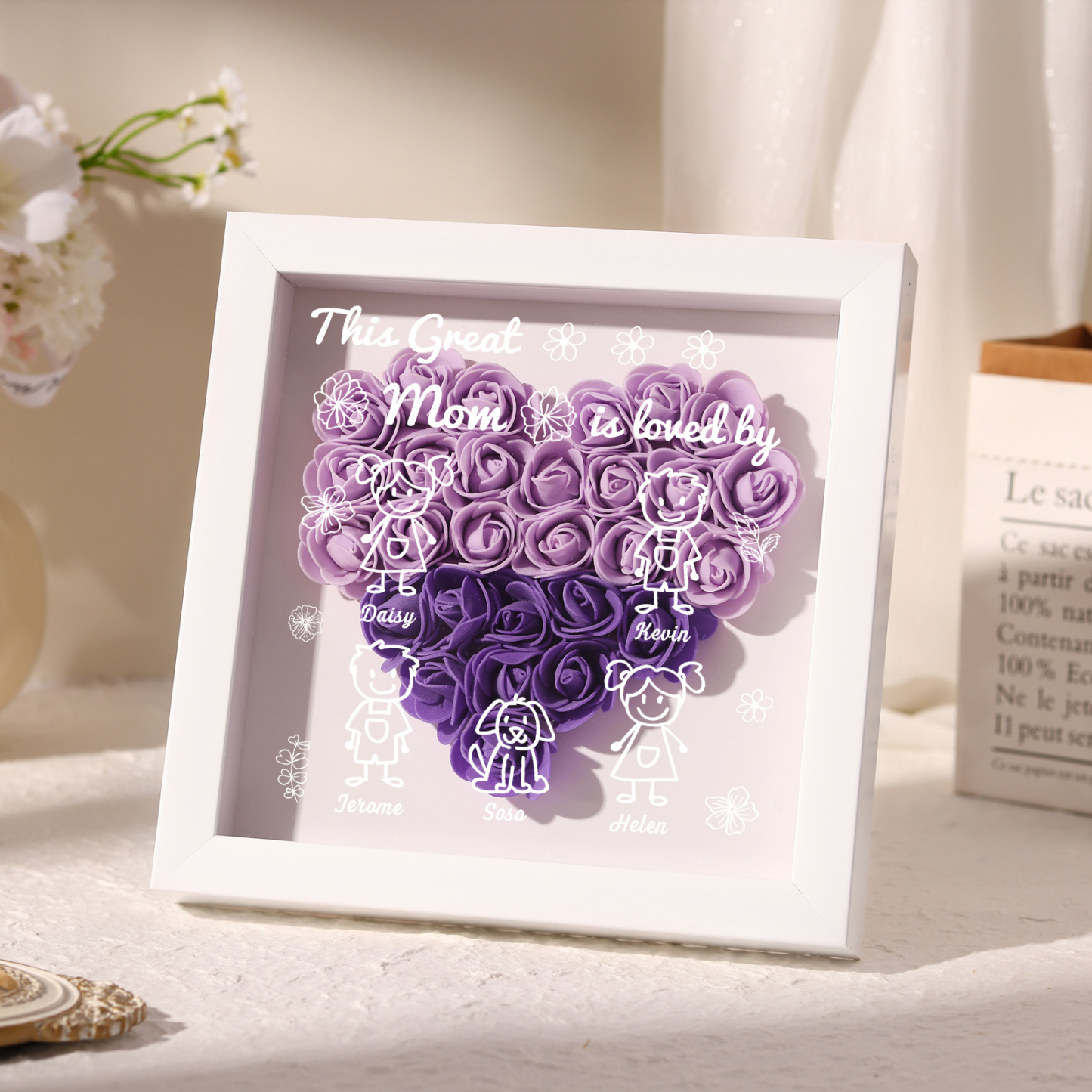 Personalized 3D Floral Shadow Box – Custom 5 Kids&Pets Names –This Great Mom Is Loved By- Gift for Mom, Grandma & Loved Ones| Lorajewel