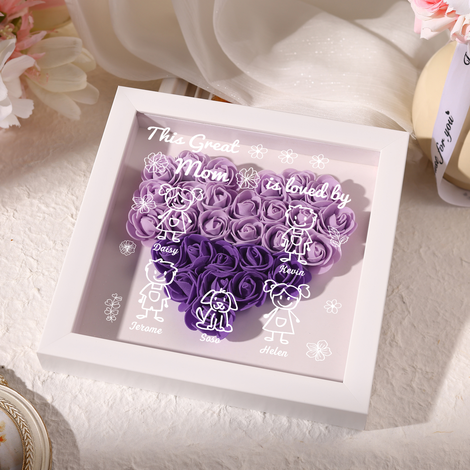 Personalized 3D Floral Shadow Box – Custom 5 Kids&Pets Names –This Great Mom Is Loved By- Gift for Mom, Grandma & Loved Ones| Lorajewel