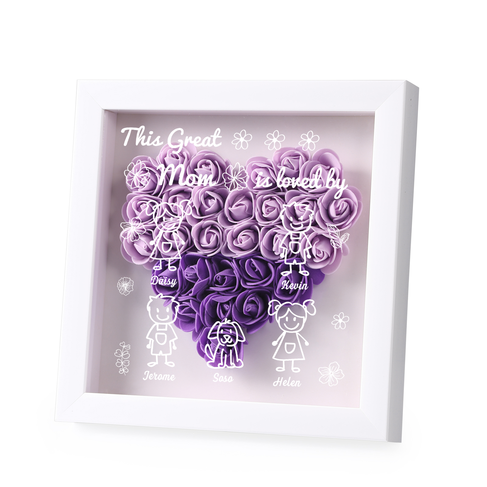 Personalized 3D Floral Shadow Box – Custom 5 Kids&Pets Names –This Great Mom Is Loved By- Gift for Mom, Grandma & Loved Ones| Lorajewel