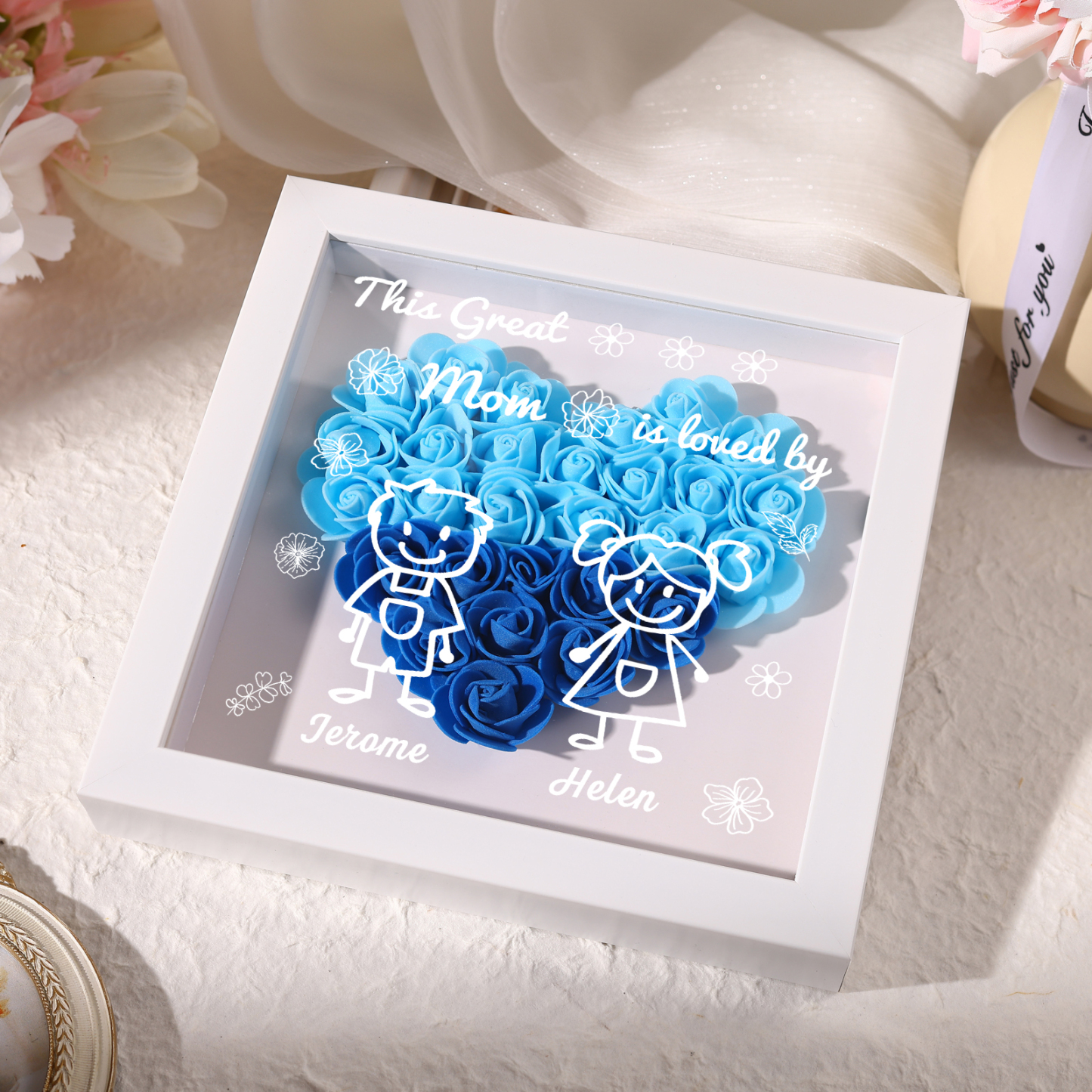 Personalized 3D Floral Shadow Box – Custom 2 Kids&Pets Names –This Great Mom Is Loved By- Gift for Mom, Grandma & Loved Ones| Lorajewel