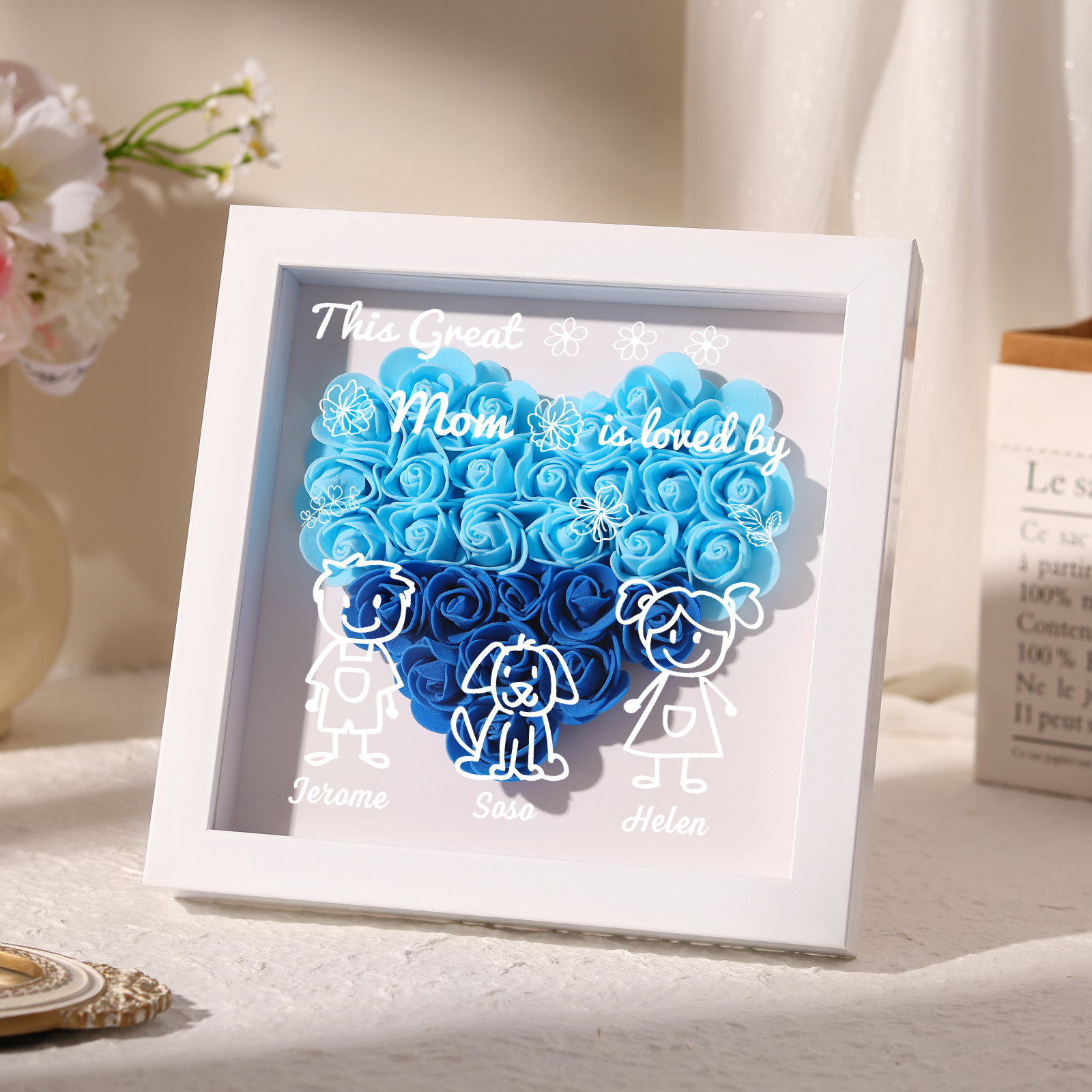 Personalized 3D Floral Shadow Box – Custom 3 Kids&Pets Names –This Great Mom Is Loved By- Gift for Mom, Grandma & Loved Ones| Lorajewel