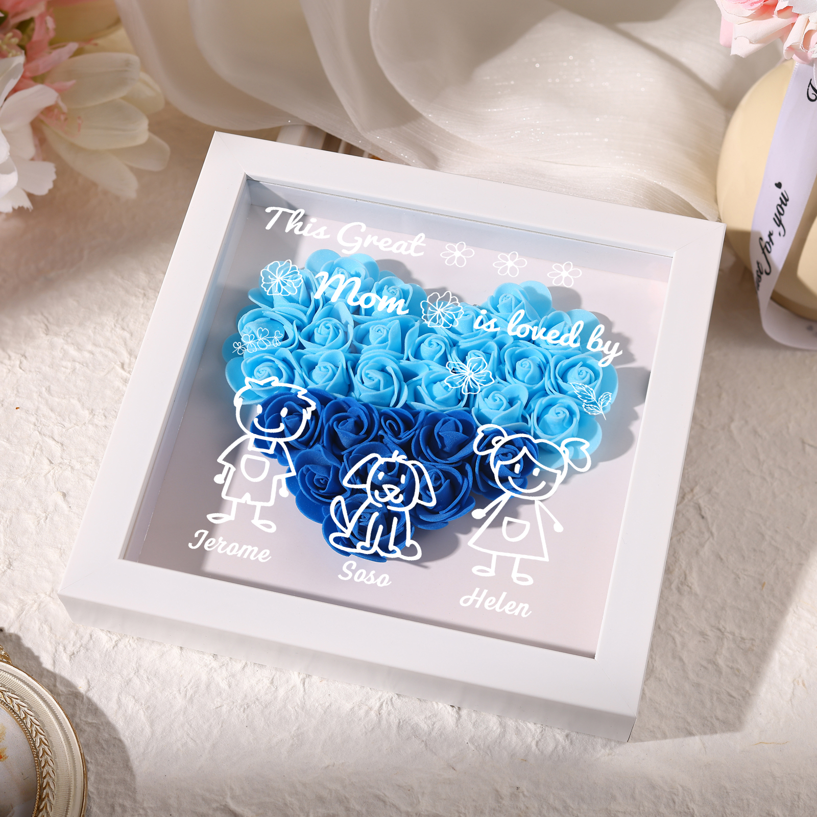 Personalized 3D Floral Shadow Box – Custom 3 Kids&Pets Names –This Great Mom Is Loved By- Gift for Mom, Grandma & Loved Ones| Lorajewel
