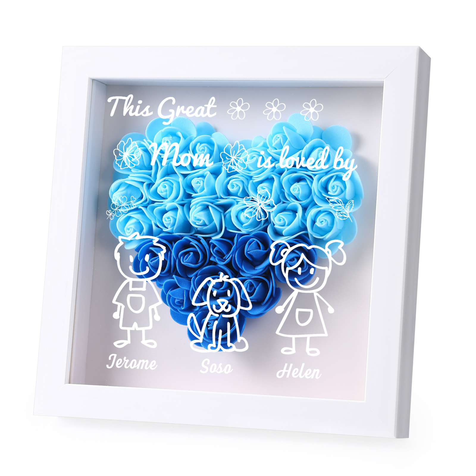 Personalized 3D Floral Shadow Box – Custom 3 Kids&Pets Names –This Great Mom Is Loved By- Gift for Mom, Grandma & Loved Ones| Lorajewel