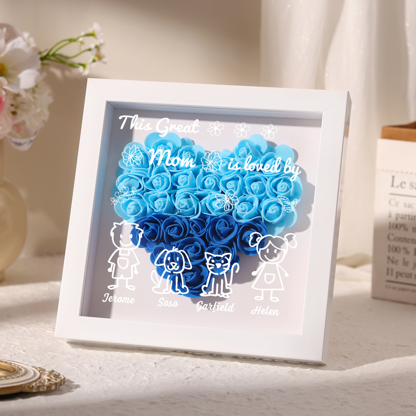 Personalized 3D Floral Shadow Box – Custom 4 Kids&Pets Names –This Great Mom Is Loved By- Gift for Mom, Grandma & Loved Ones| Lorajewel