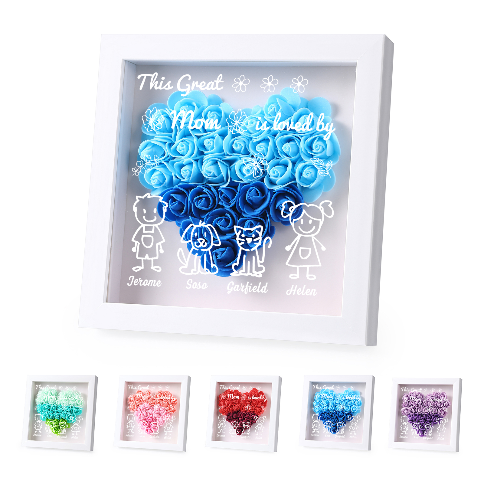Personalized 3D Floral Shadow Box – Custom 4 Kids&Pets Names –This Great Mom Is Loved By- Gift for Mom, Grandma & Loved Ones| Lorajewel