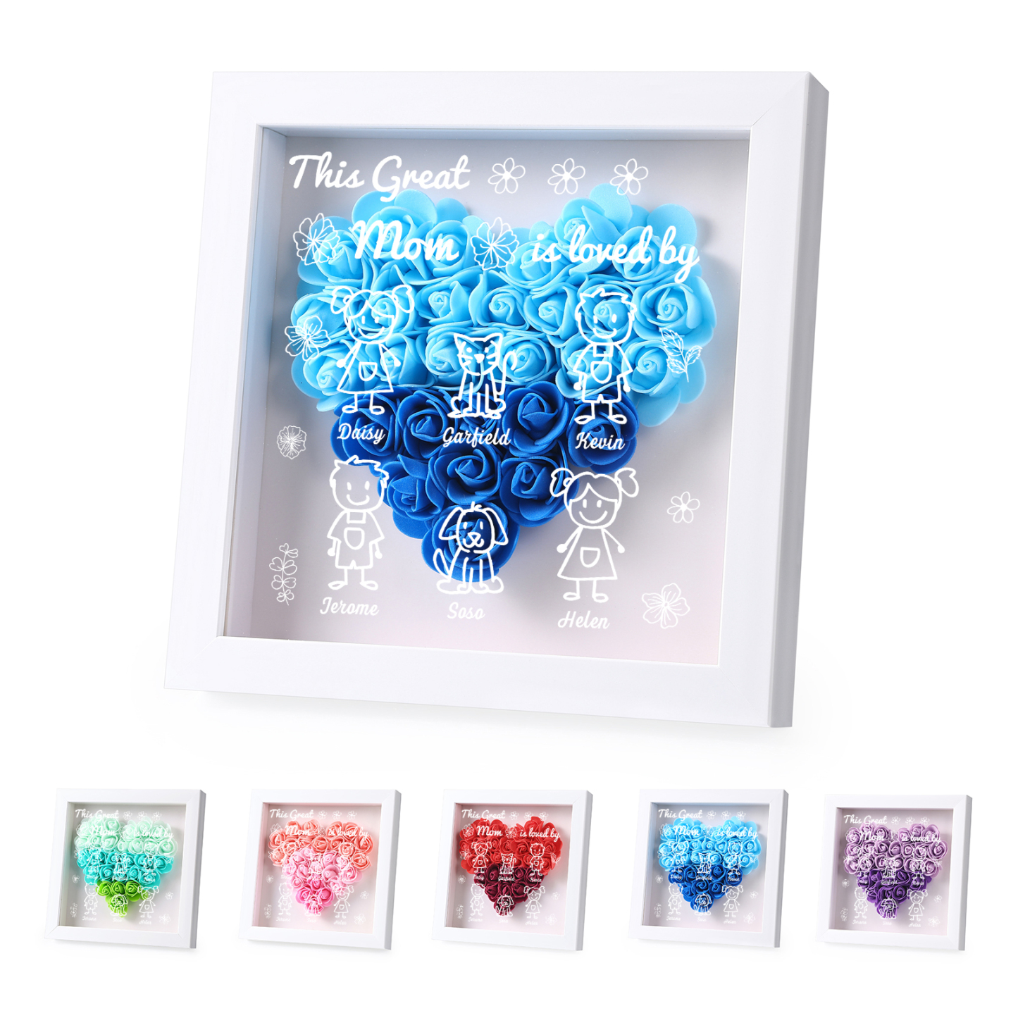 Personalized 3D Floral Shadow Box – Custom 6 Kids&Pets Names –This Great Mom Is Loved By- Gift for Mom, Grandma & Loved Ones| Lorajewel
