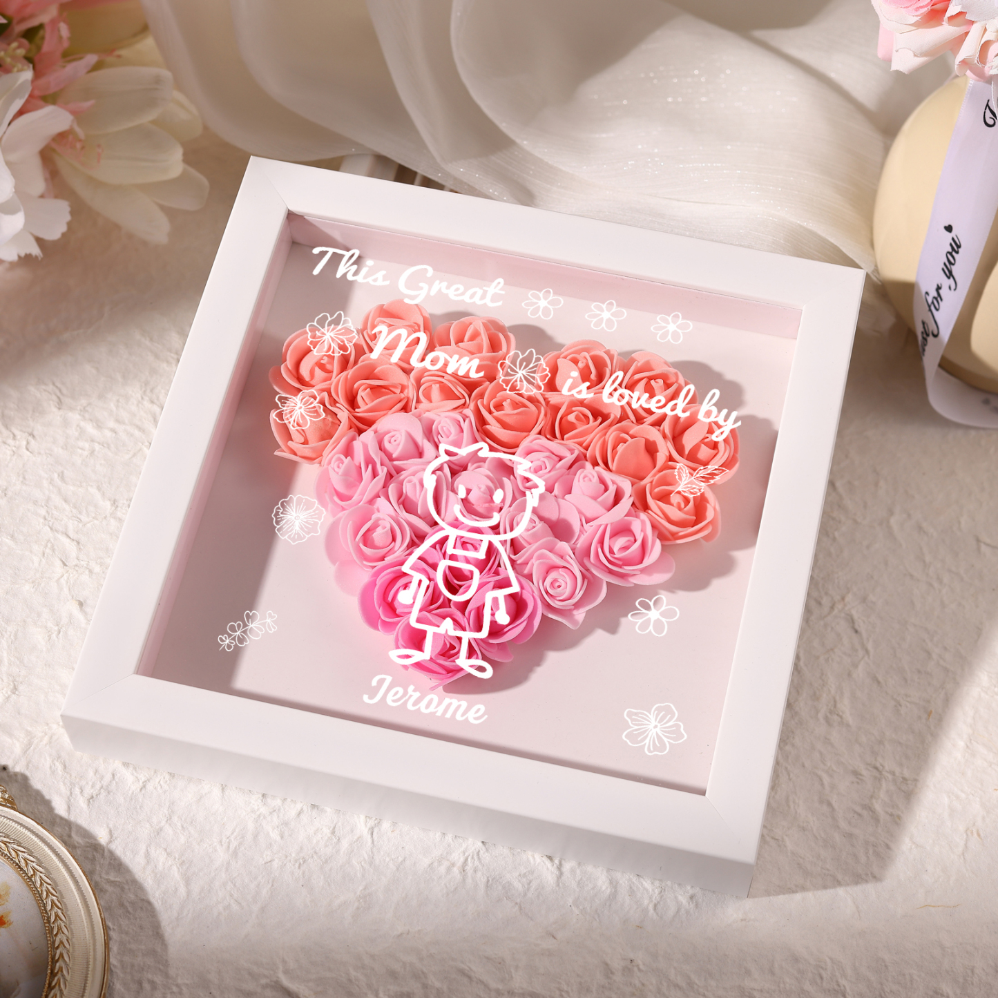 Personalized 3D Floral Shadow Box – Custom 1 Kids&Pet Name –This Great Mom Is Loved By- Gift for Mom, Grandma & Loved Ones| Lorajewel
