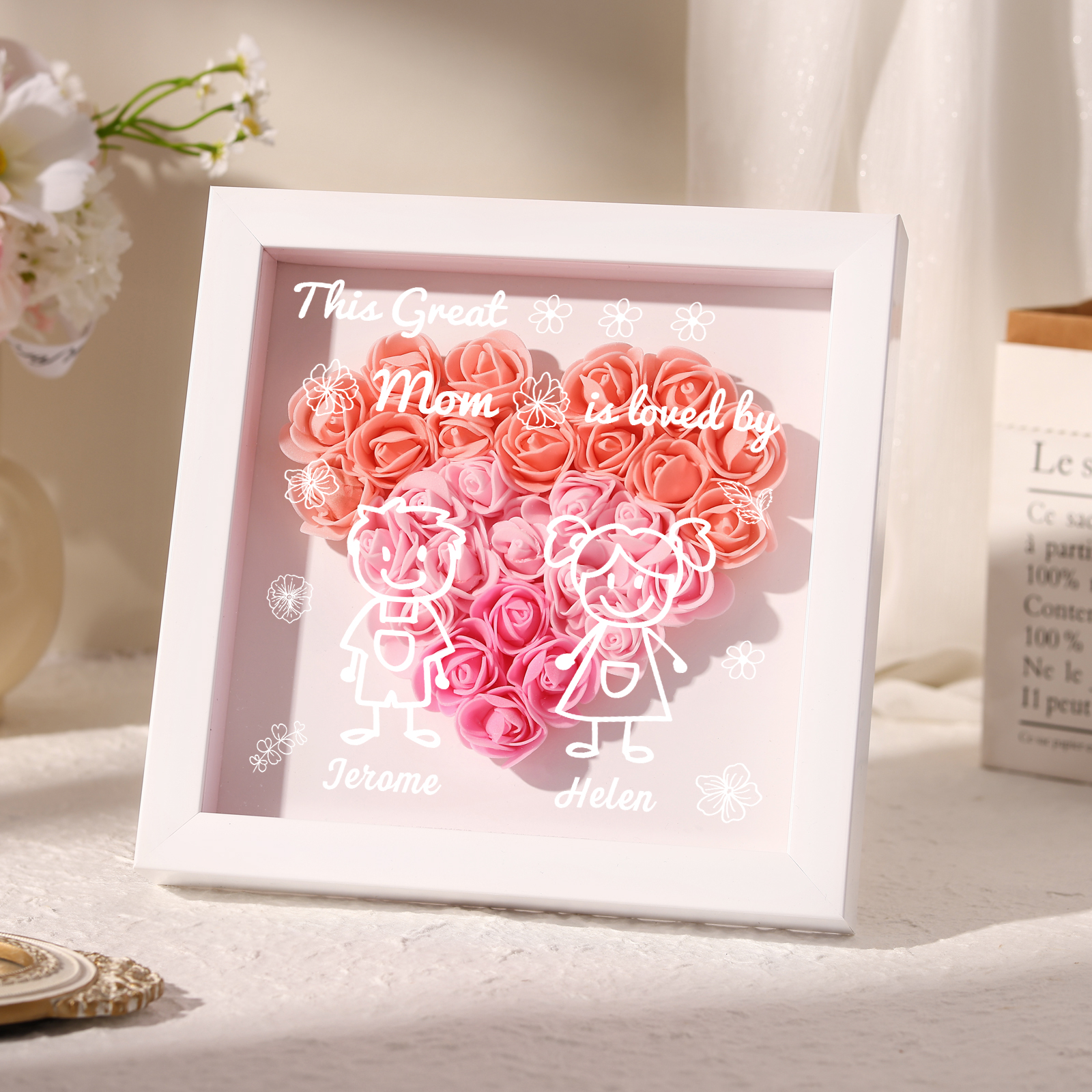Personalized 3D Floral Shadow Box – Custom 2 Kids&Pets Names –This Great Mom Is Loved By- Gift for Mom, Grandma & Loved Ones| Lorajewel