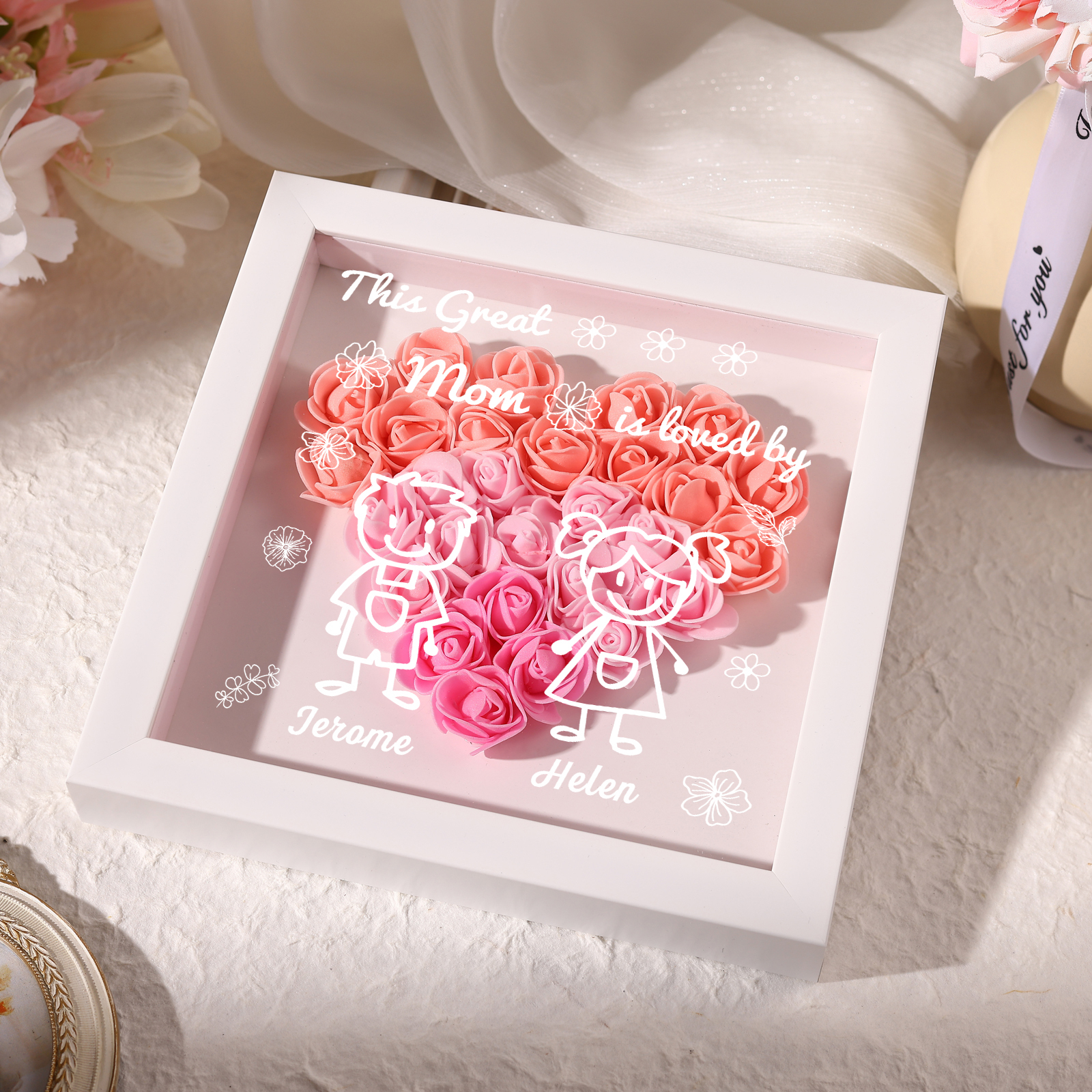 Personalized 3D Floral Shadow Box – Custom 2 Kids&Pets Names –This Great Mom Is Loved By- Gift for Mom, Grandma & Loved Ones| Lorajewel