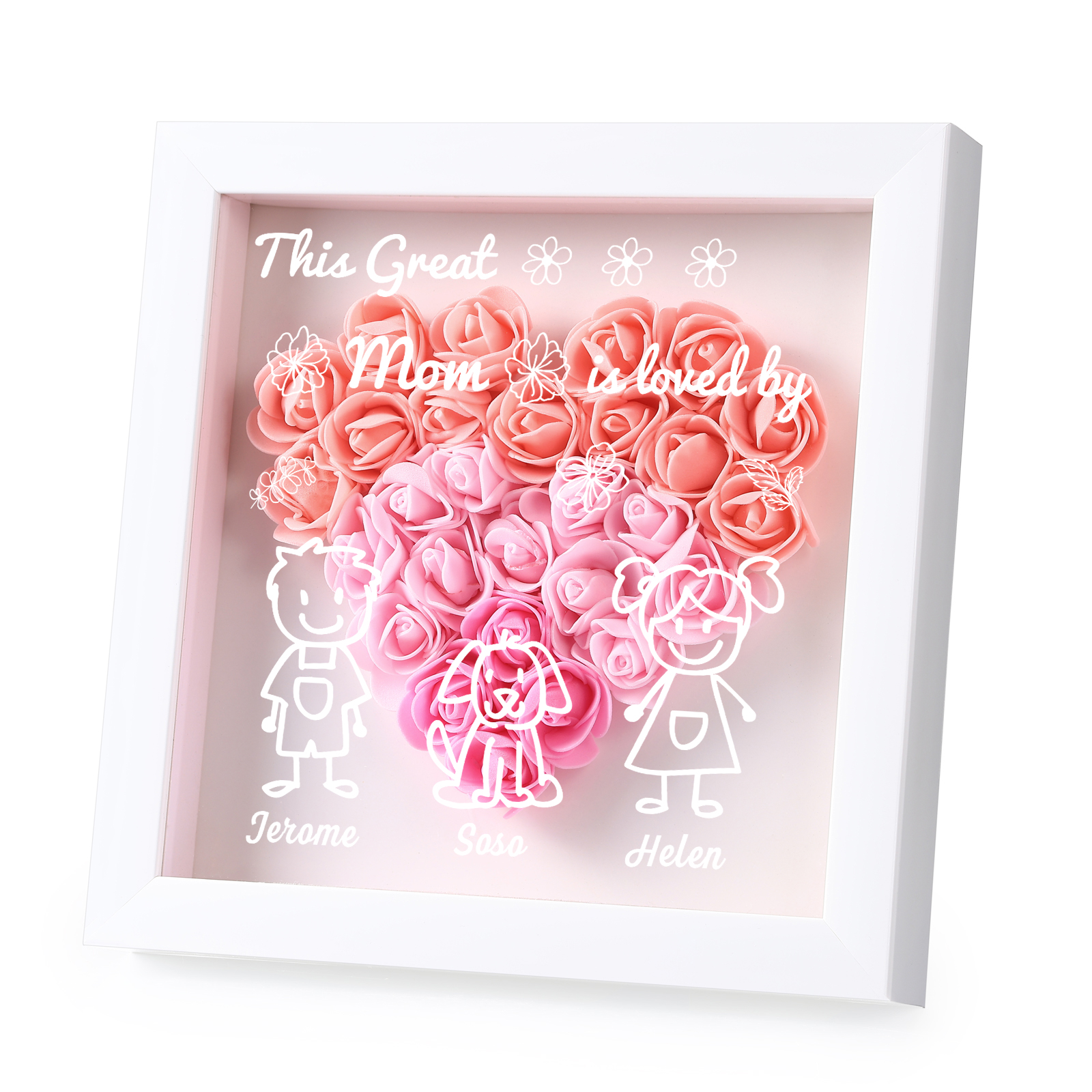 Personalized 3D Floral Shadow Box – Custom 3 Kids&Pets Names –This Great Mom Is Loved By- Gift for Mom, Grandma & Loved Ones| Lorajewel