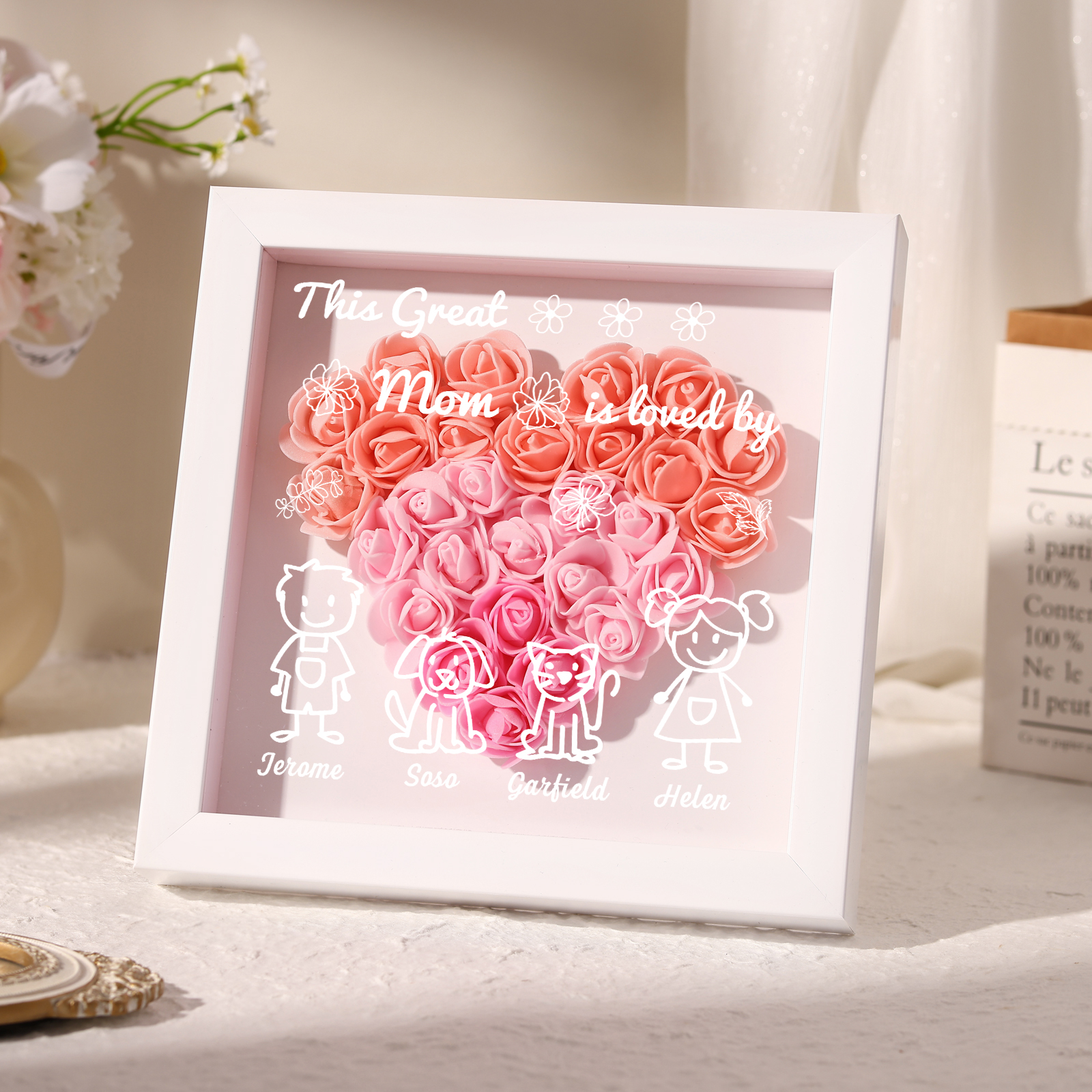 Personalized 3D Floral Shadow Box – Custom 4 Kids&Pets Names –This Great Mom Is Loved By- Gift for Mom, Grandma & Loved Ones| Lorajewel