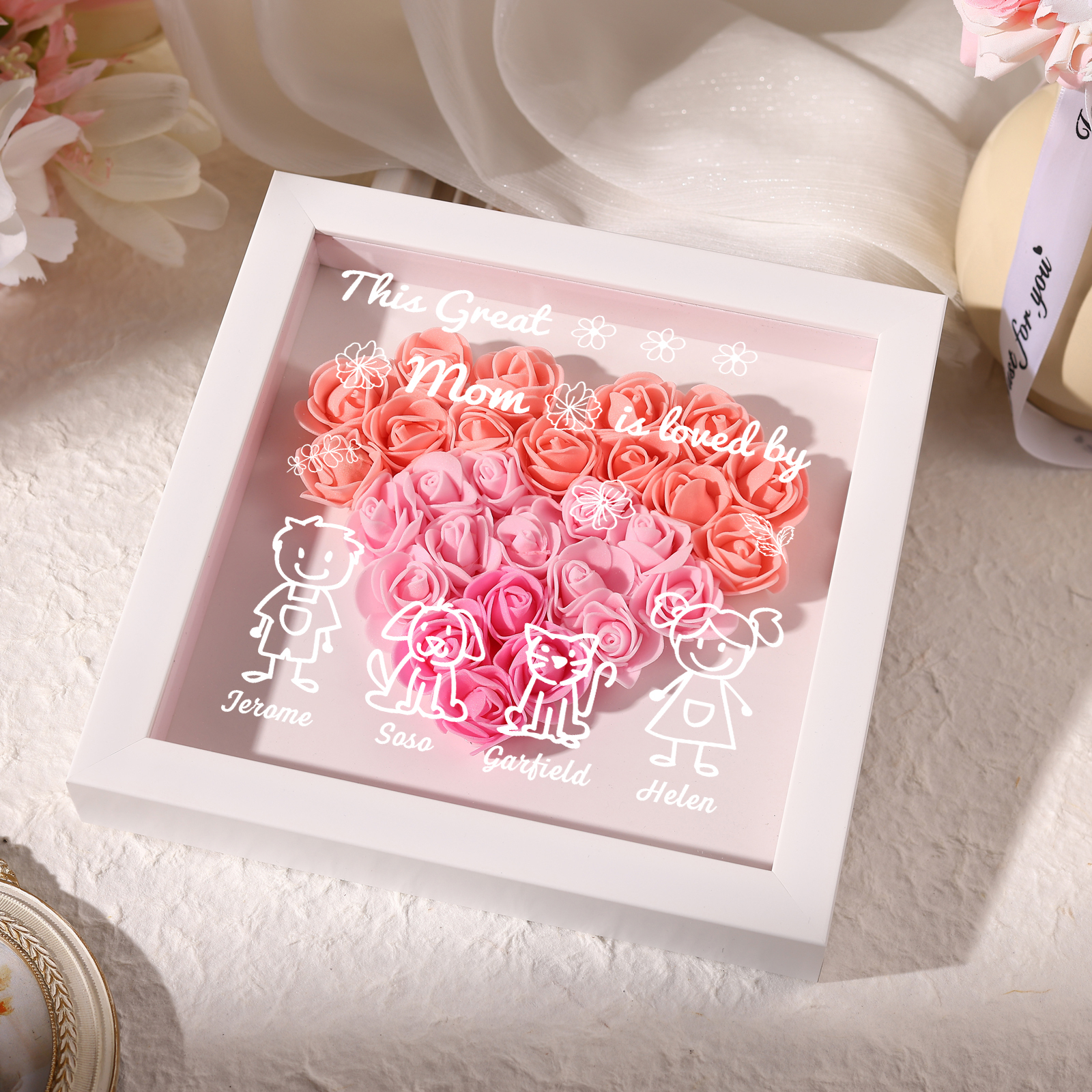 Personalized 3D Floral Shadow Box – Custom 4 Kids&Pets Names –This Great Mom Is Loved By- Gift for Mom, Grandma & Loved Ones| Lorajewel