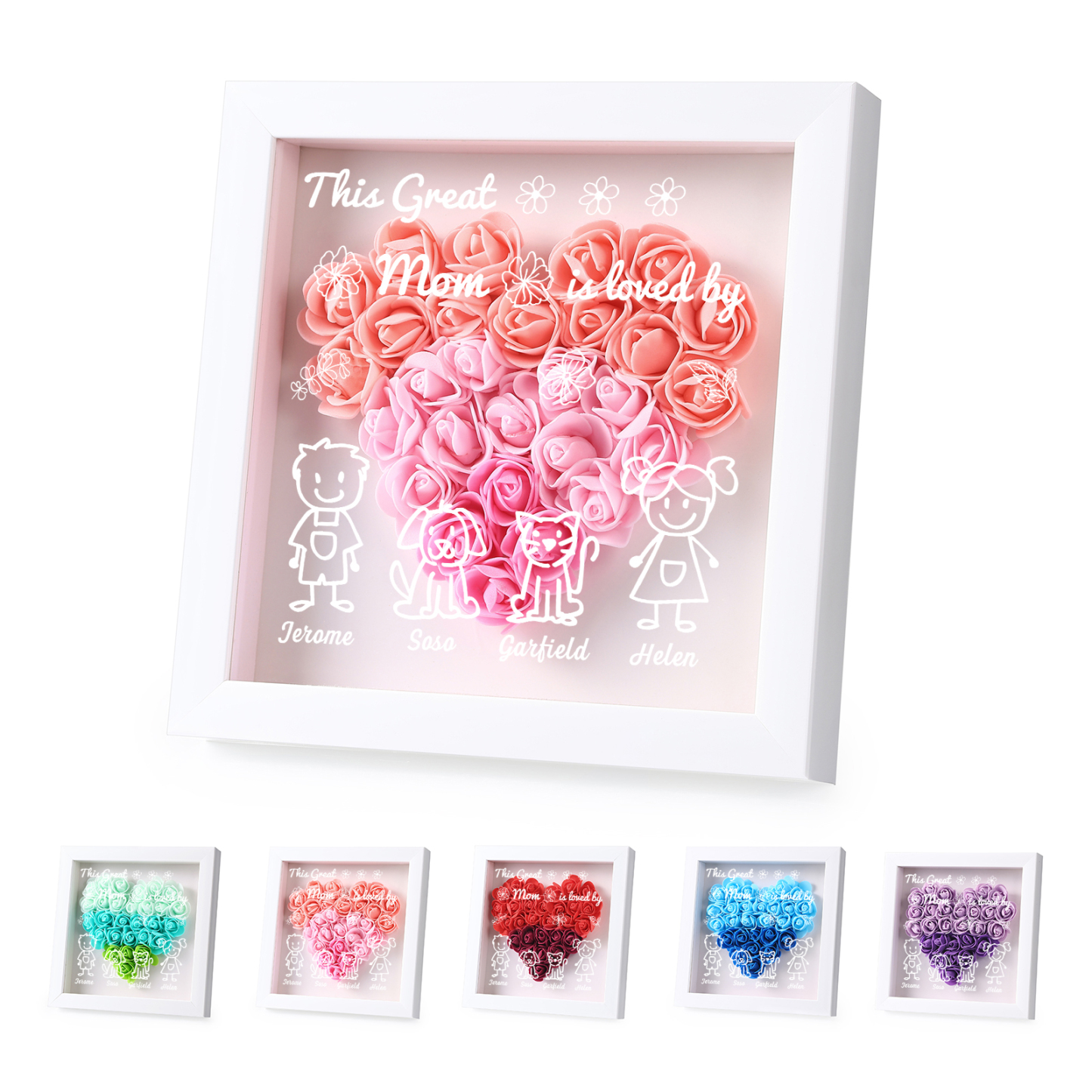 Personalized 3D Floral Shadow Box – Custom 4 Kids&Pets Names –This Great Mom Is Loved By- Gift for Mom, Grandma & Loved Ones| Lorajewel