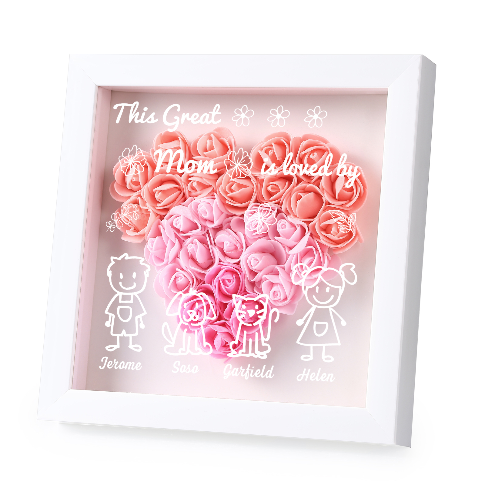 Personalized 3D Floral Shadow Box – Custom 4 Kids&Pets Names –This Great Mom Is Loved By- Gift for Mom, Grandma & Loved Ones| Lorajewel