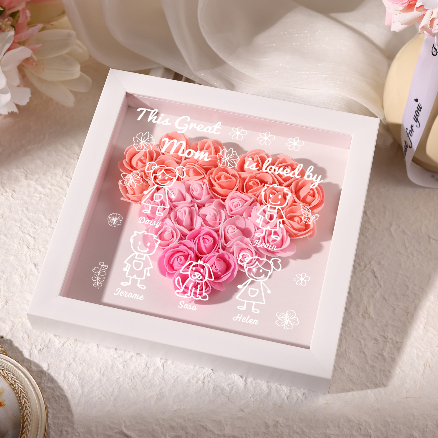 Personalized 3D Floral Shadow Box – Custom 5 Kids&Pets Names –This Great Mom Is Loved By- Gift for Mom, Grandma & Loved Ones| Lorajewel