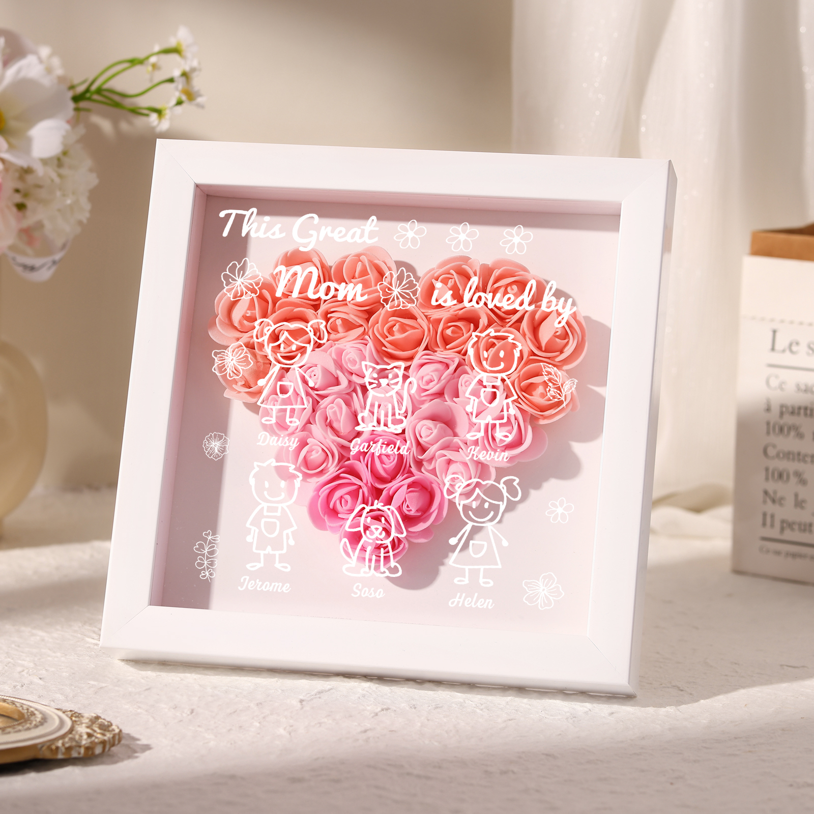 Personalized 3D Floral Shadow Box – Custom 6 Kids&Pets Names –This Great Mom Is Loved By- Gift for Mom, Grandma & Loved Ones| Lorajewel