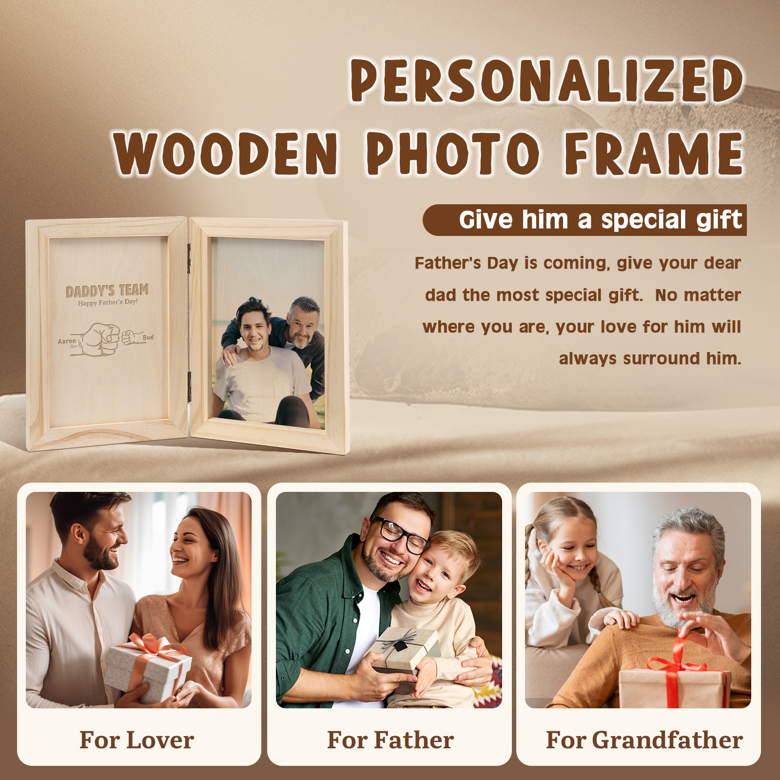 2 Names Personalized Wooden Frame with Photo and Date - Father’s Day Gift | Lorajewel
