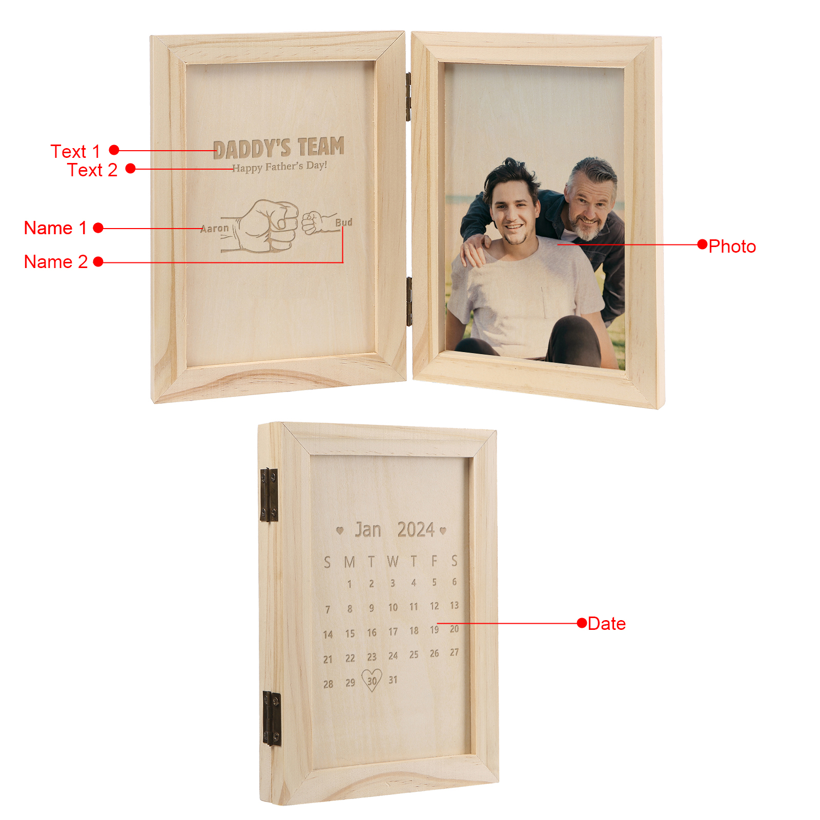 2 Names Personalized Wooden Frame with Photo and Date - Father’s Day Gift | Lorajewel
