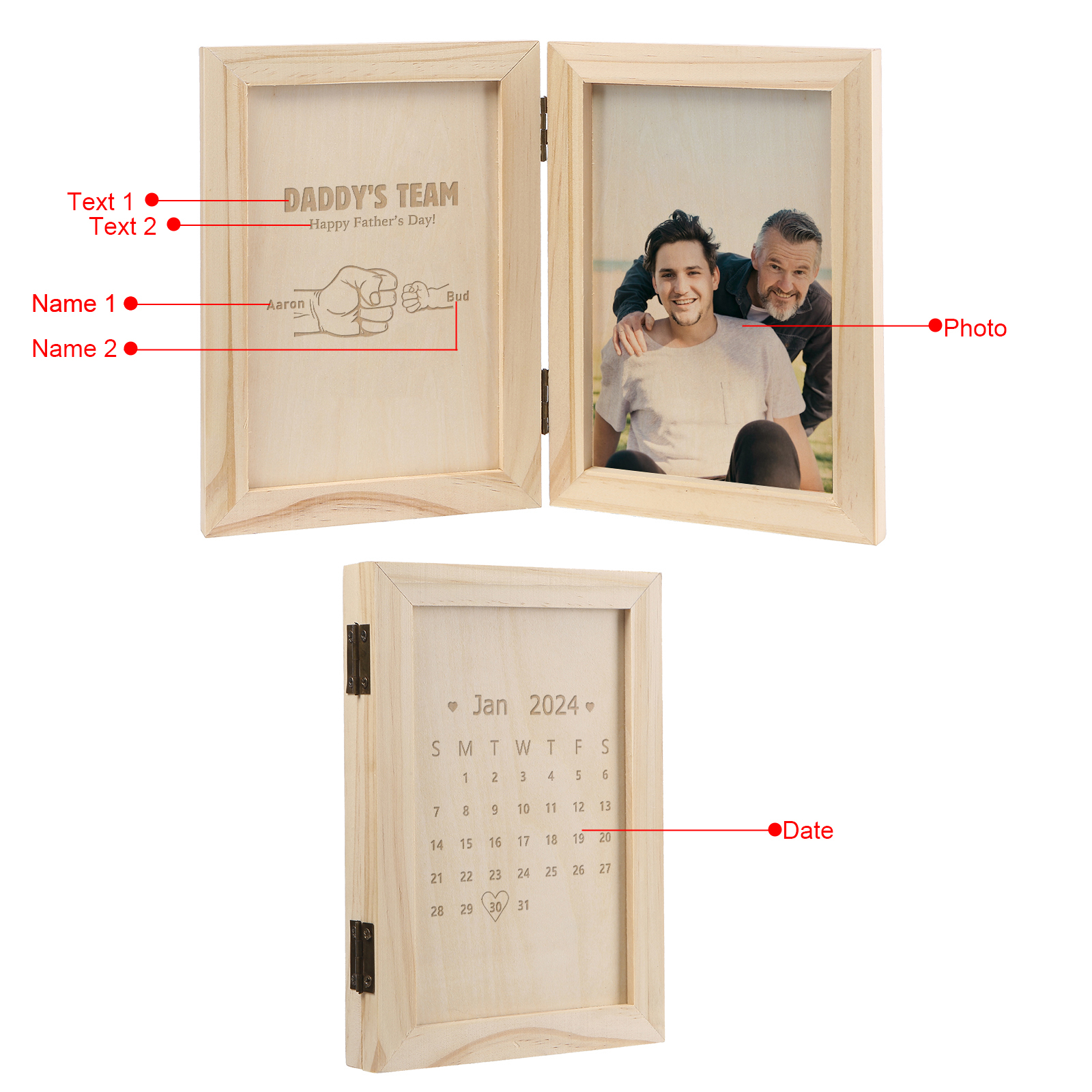 2 Names Personalized Wooden Frame with Photo and Date - Father’s Day Gift | Lorajewel