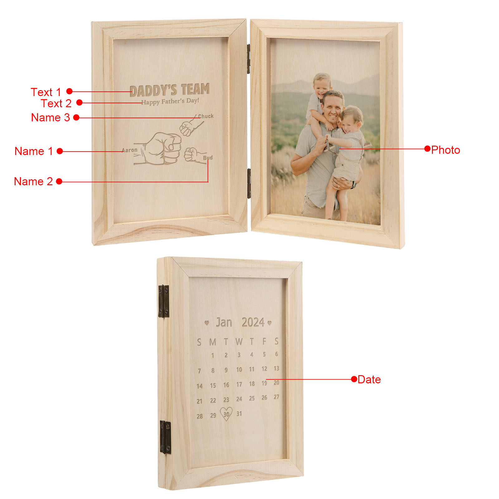 3 Names Personalized Wooden Frame with Photo and Date - Father’s Day Gift | Lorajewel