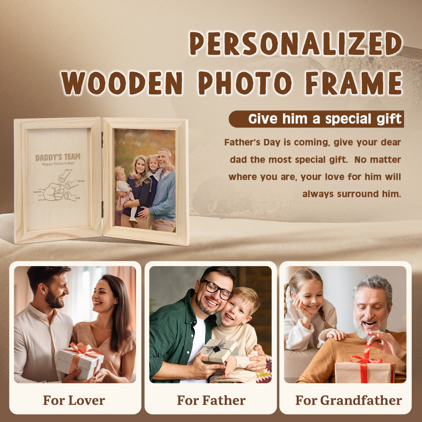4 Names Personalized Wooden Frame with Photo and Date - Father’s Day Gift | Lorajewel