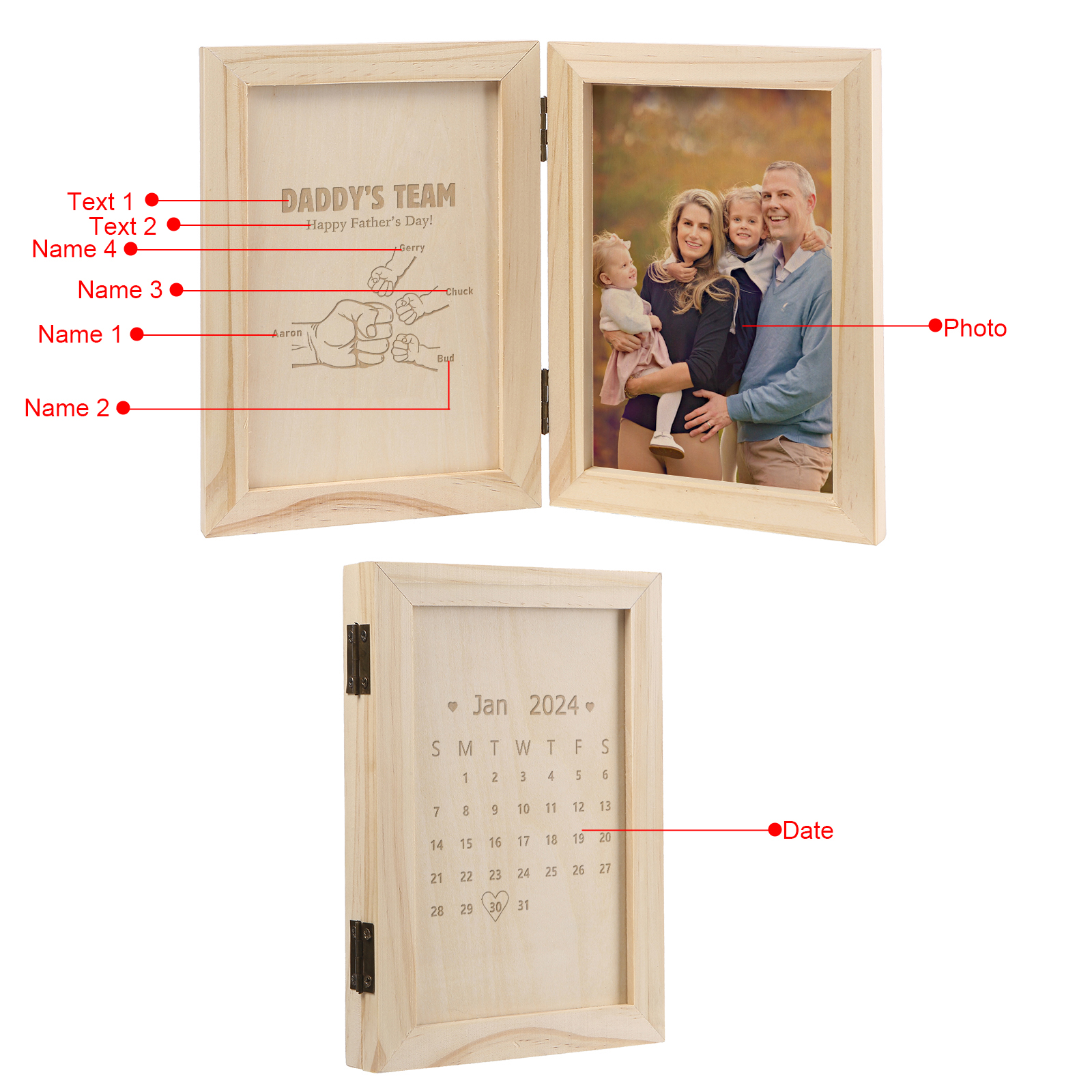 4 Names Personalized Wooden Frame with Photo and Date - Father’s Day Gift | Lorajewel