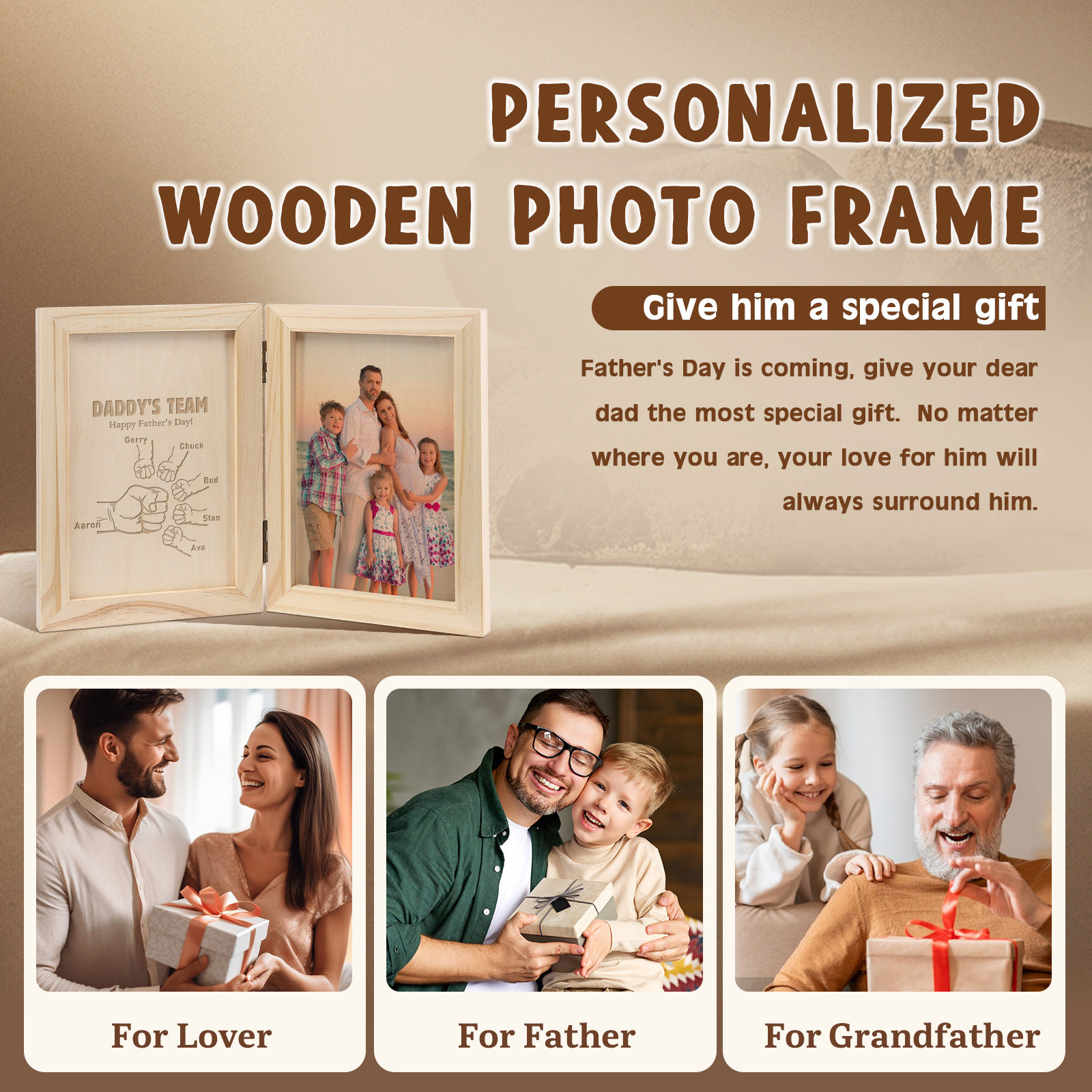 6 Names Personalized Wooden Frame with Photo and Date - Father’s Day Gift | Lorajewel