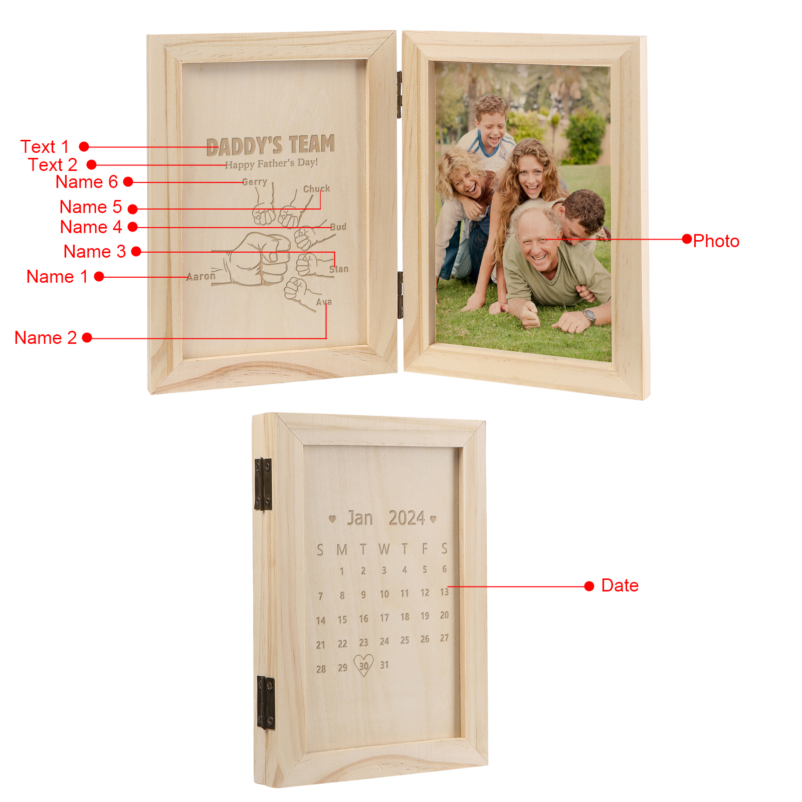 6 Names Personalized Wooden Frame with Photo and Date - Father’s Day Gift | Lorajewel