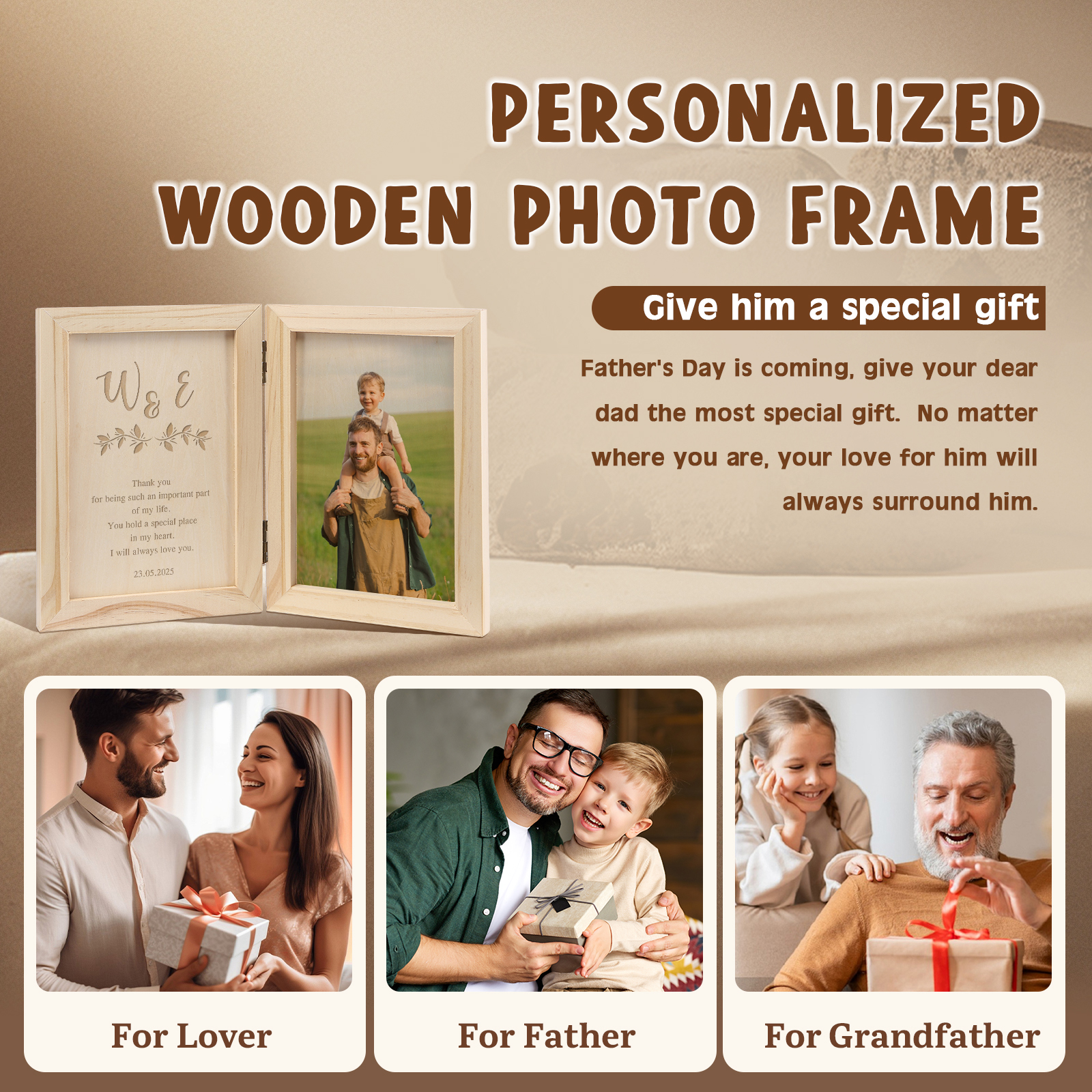 1 Name Personalized Wooden Frame with Photo, Initials & Text - Father’s Day Gift | Lorajewel