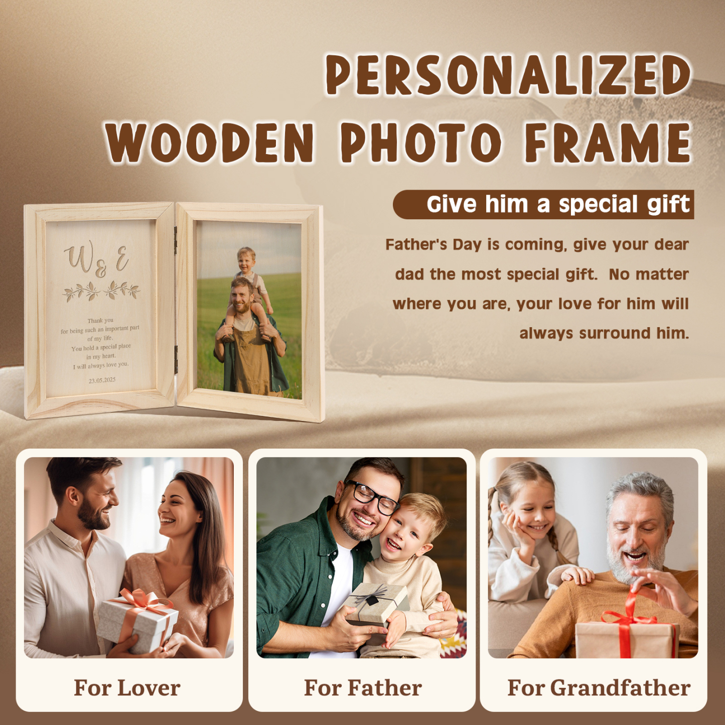 1 Name Personalized Wooden Frame with Photo, Initials & Text - Father’s Day Gift | Lorajewel