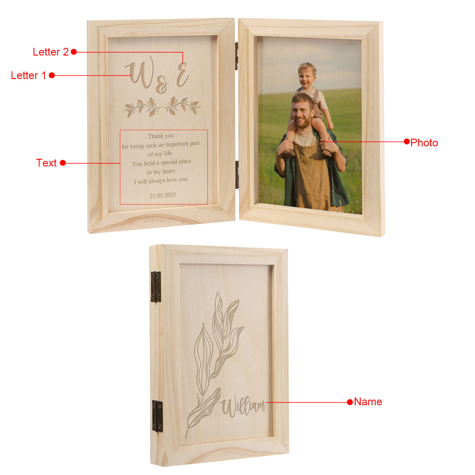 1 Name Personalized Wooden Frame with Photo, Initials & Text - Father’s Day Gift | Lorajewel