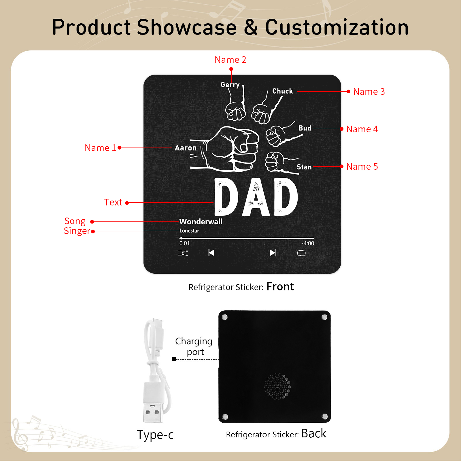 5 Names Personalized Music Fridge Magnet with Favourite Song – Thoughtful Family Keepsake | Lorajewel