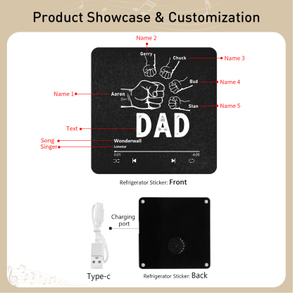 5 Names Personalized Music Fridge Magnet with Favourite Song – Thoughtful Family Keepsake | Lorajewel