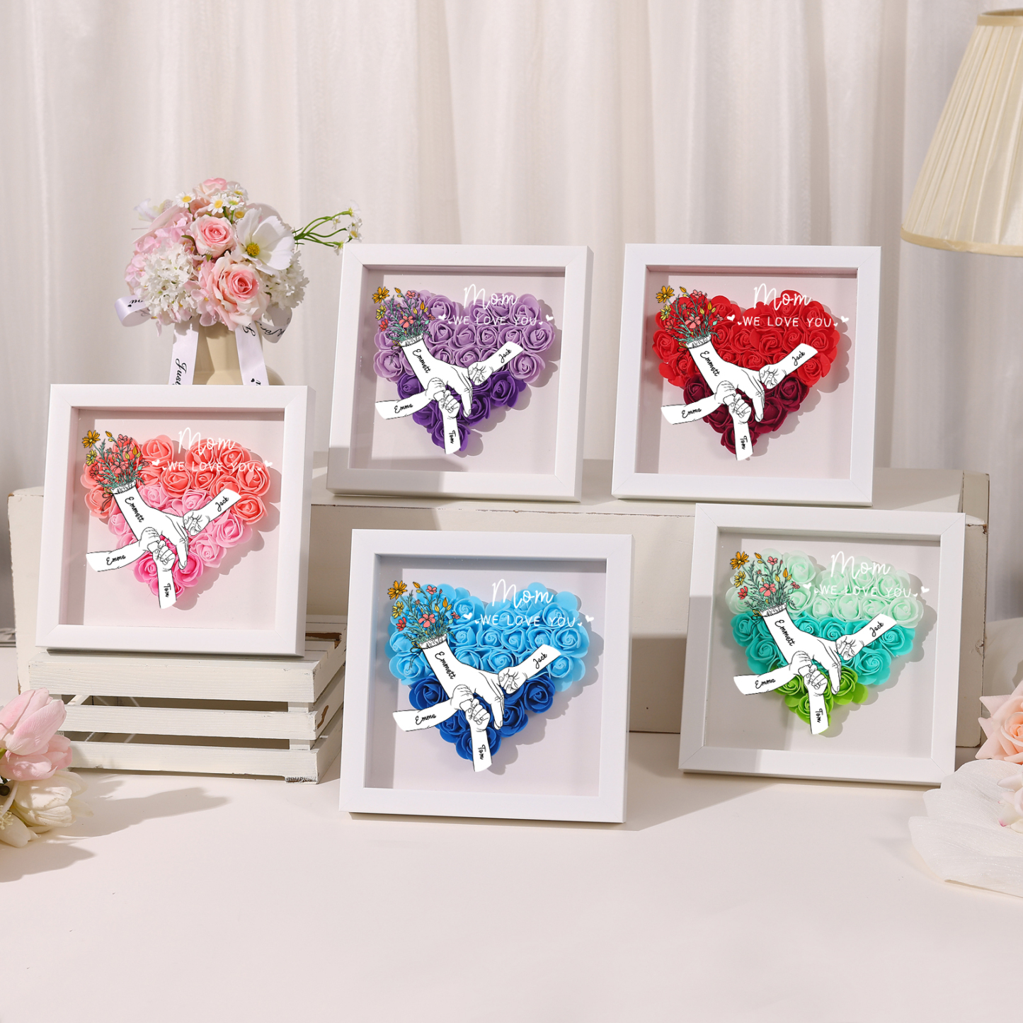 4 Names & 2 Texts Personalised Rose Flower Frame – A Thoughtful Gift for Mom, Wife or Friend | Lorajewel