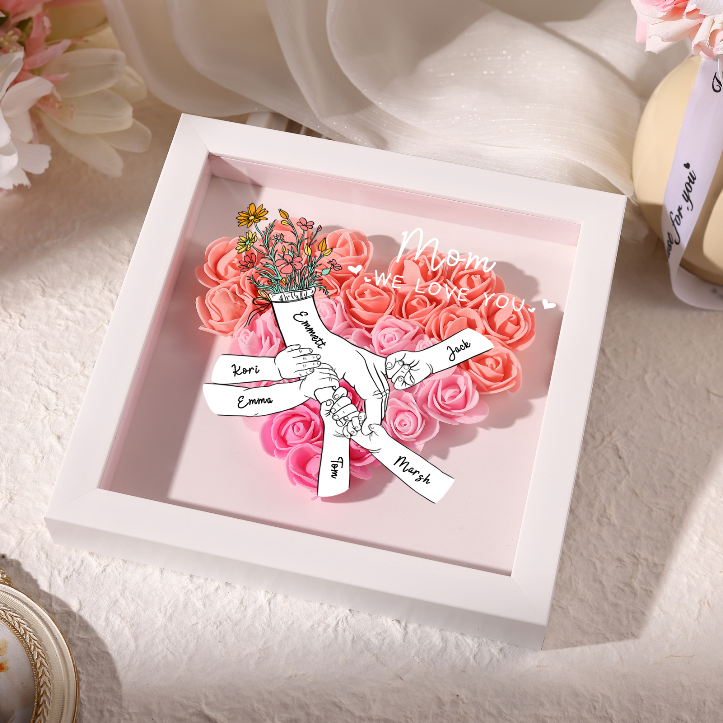 6 Names & 2 Texts Personalised Rose Flower Frame – A Thoughtful Gift for Mom, Wife or Friend | Lorajewel