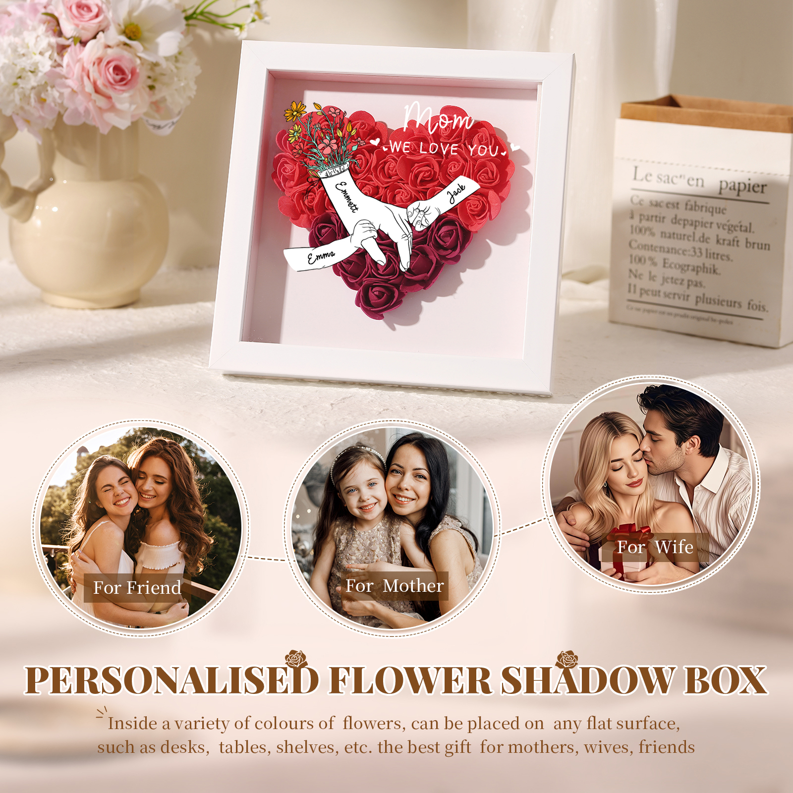 3 Names & 2 Texts Personalised Rose Flower Frame – A Thoughtful Gift for Mom, Wife or Friend | Lorajewel