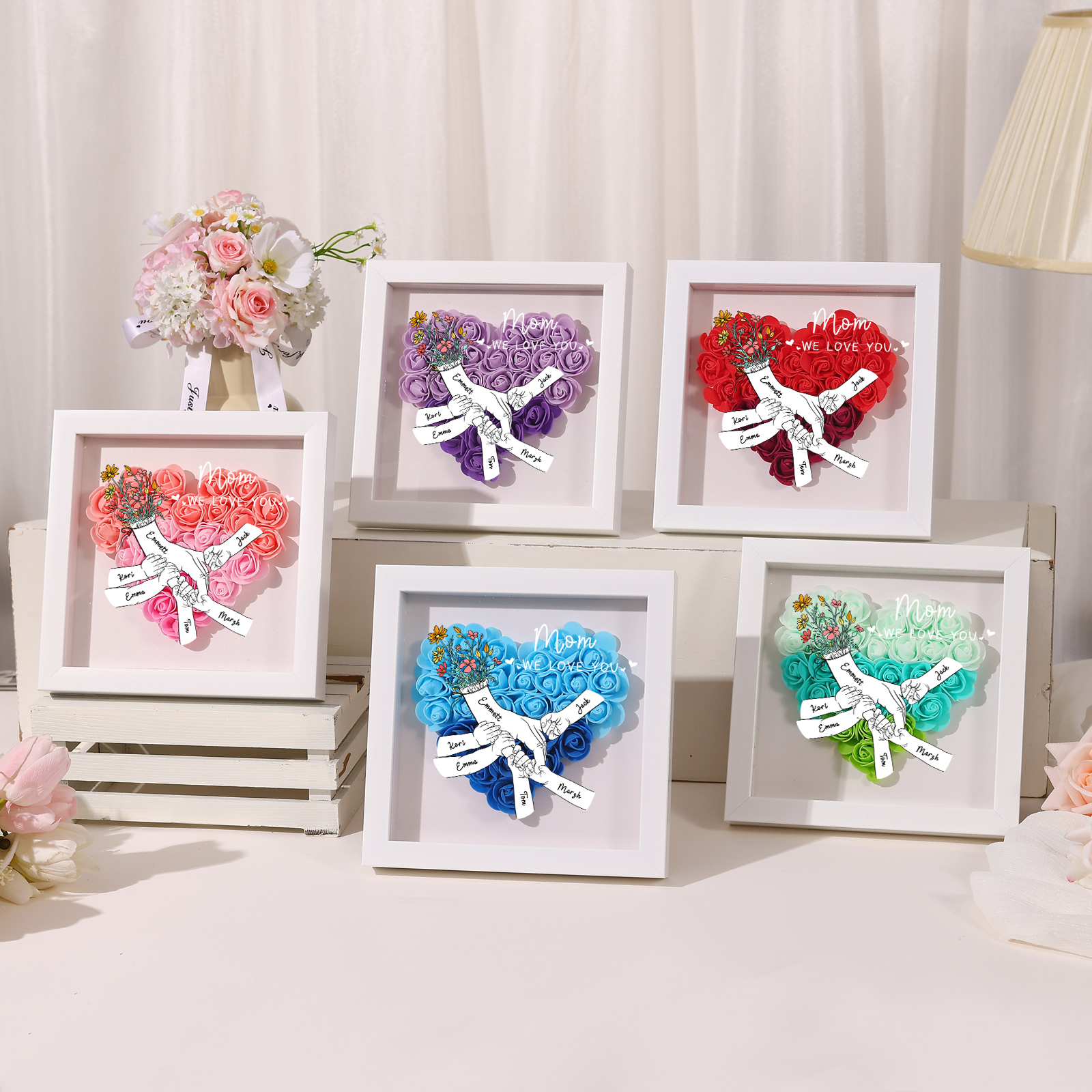 6 Names & 2 Texts Personalised Rose Flower Frame – A Thoughtful Gift for Mom, Wife or Friend | Lorajewel