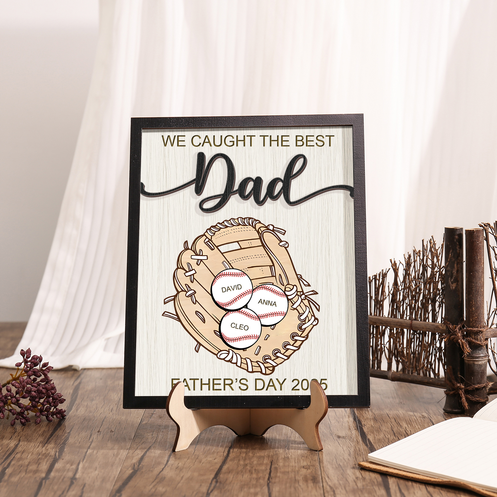 Personalized Wooden Plaque – “We Caught the Best Dad” Baseball Design 2 Texts & 3 Names | Lorajewel